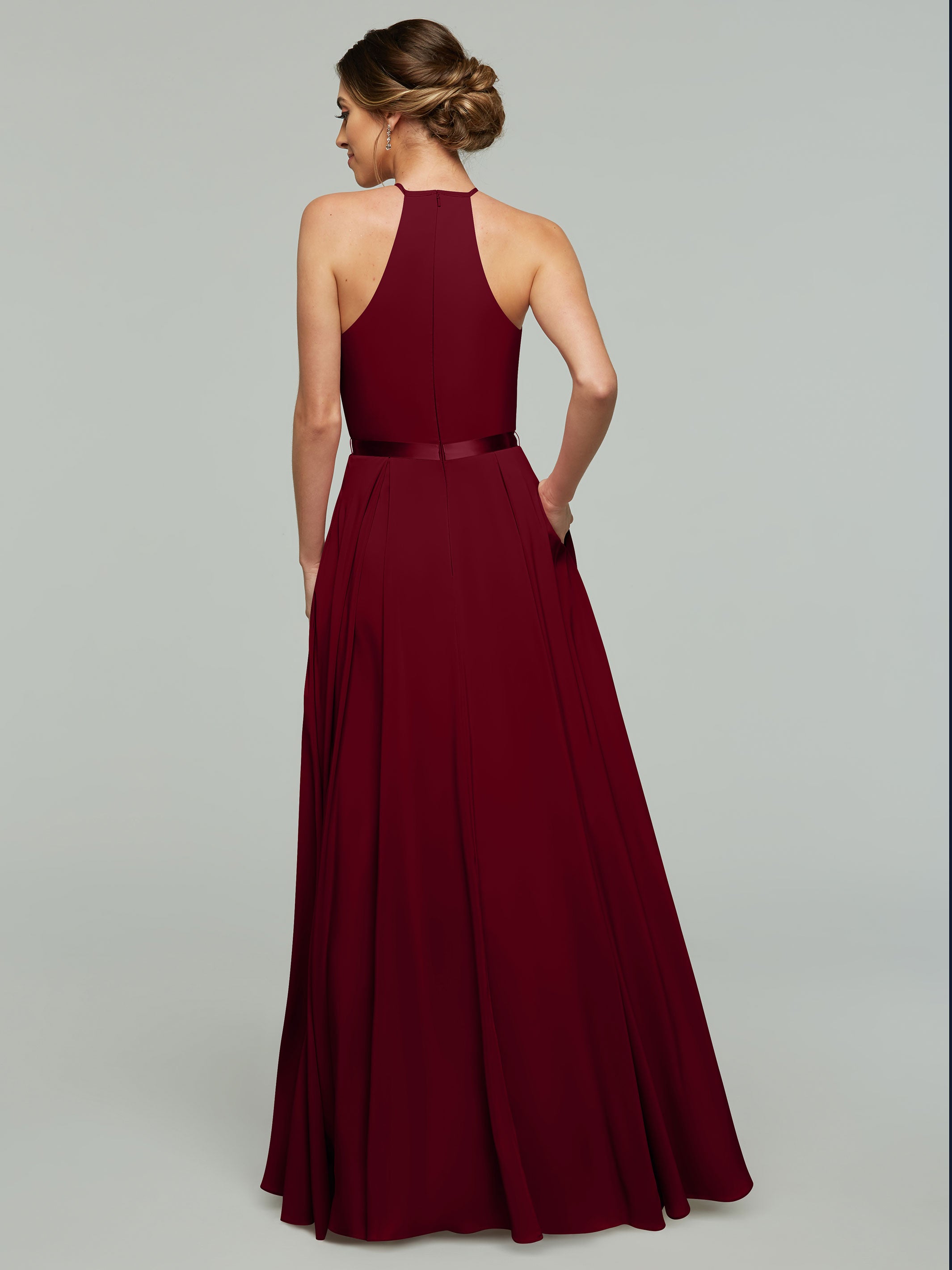 Elegant A-Line Stretch Chiffon Bridesmaid Dress with Halter Neckline & Waist Belt - Perfect for Weddings, Parties & Formal Events