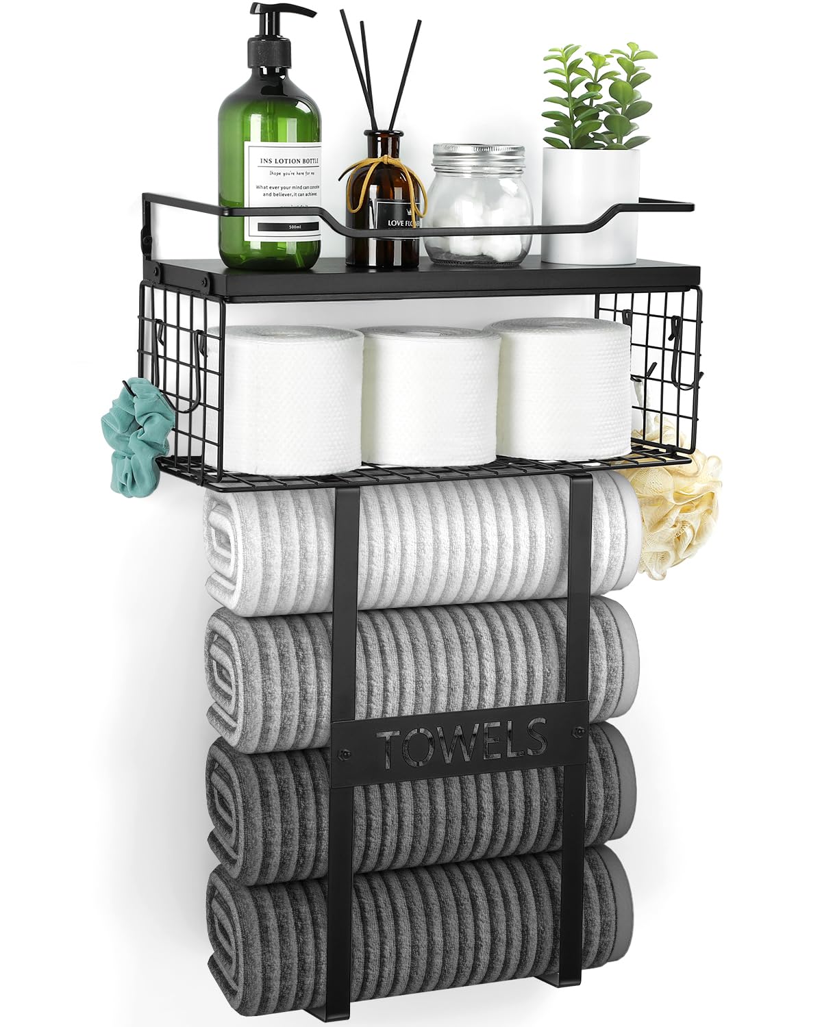 Wall Mounted Bathroom Towel Rack Set - Black Wood Vertical Towel Holder with Rolled Towel Shelf for Toilet Storage & Bathroom Organization | Perfect for Small Bathroom Space Saving & Stylish Wall Decor