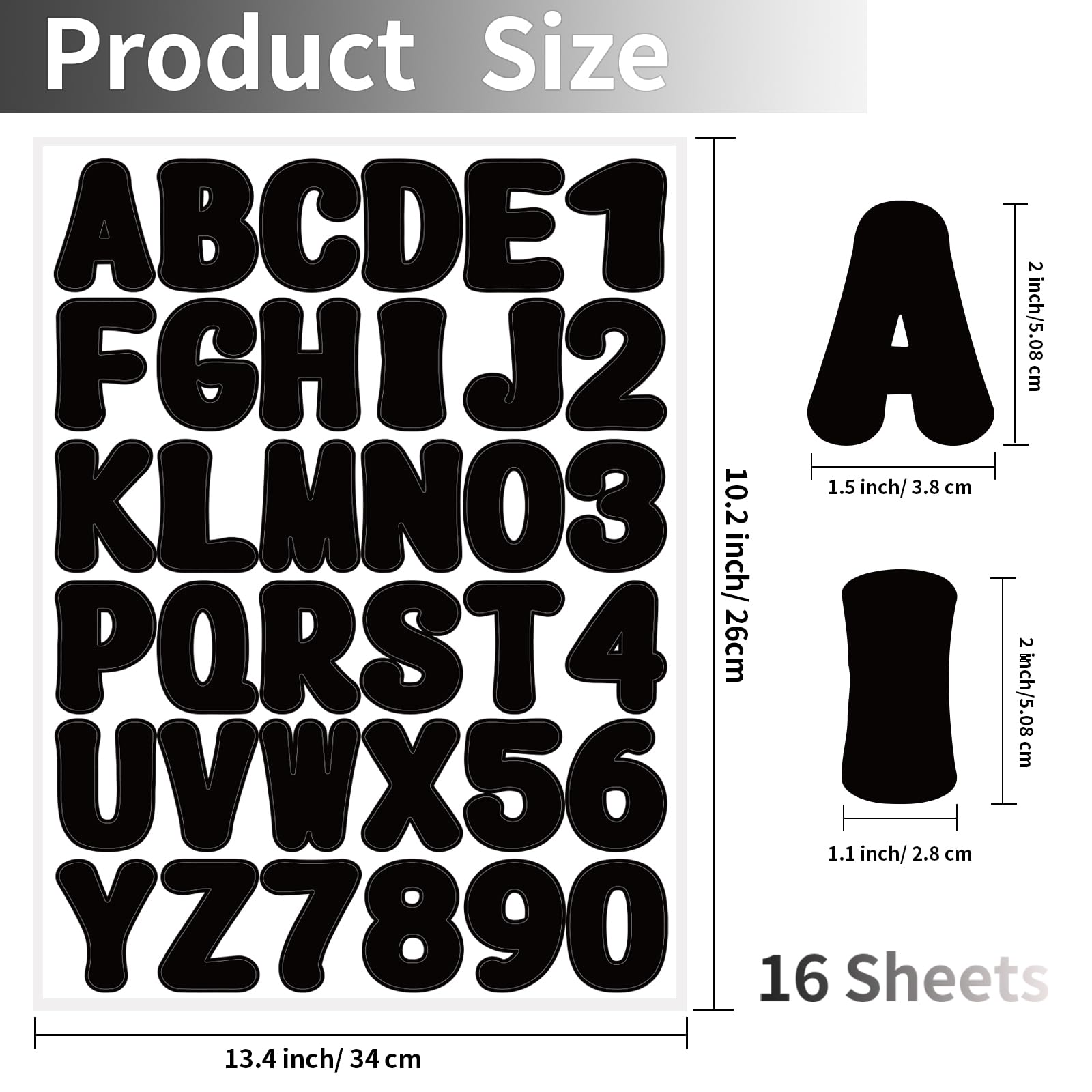 Starboling 2 Inch Self-Adhesive Black Alphabet Letter Stickers - 16 Sheets Vinyl Decals for Mailbox Numbers, Bulletin Boards, Classroom & Home Decor - Perfect for DIY Crafts, Scrapbooking & Organization