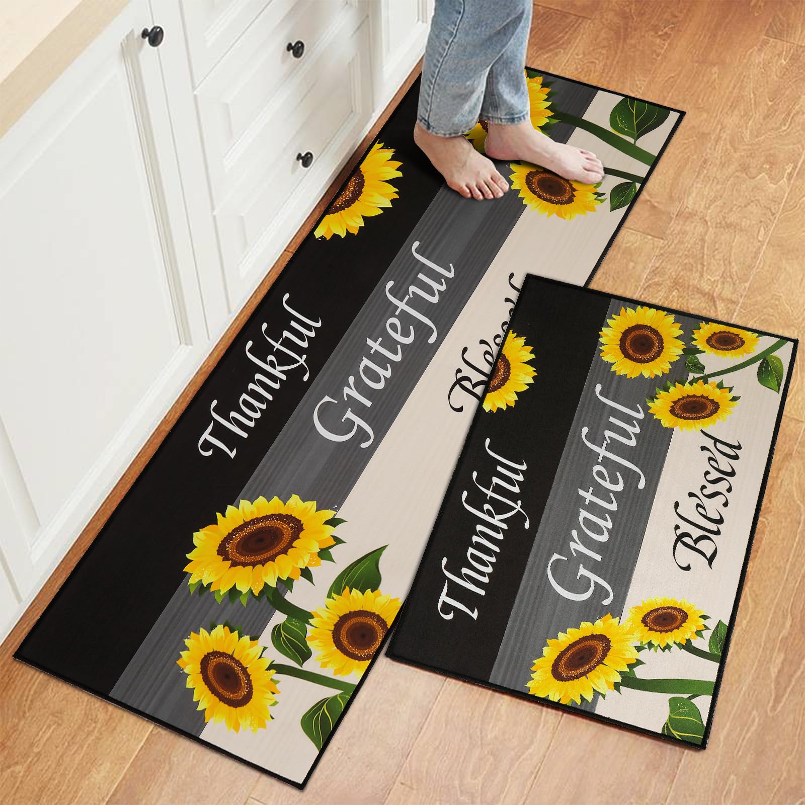 2 Pcs Washable Non-Slip Sunflower Kitchen Rugs Set - Cushioned Floor Mats for Home, Sink, Bathroom, Standing Comfort - Perfect for Kitchen Runner, Laundry Room, and Entryway Decor