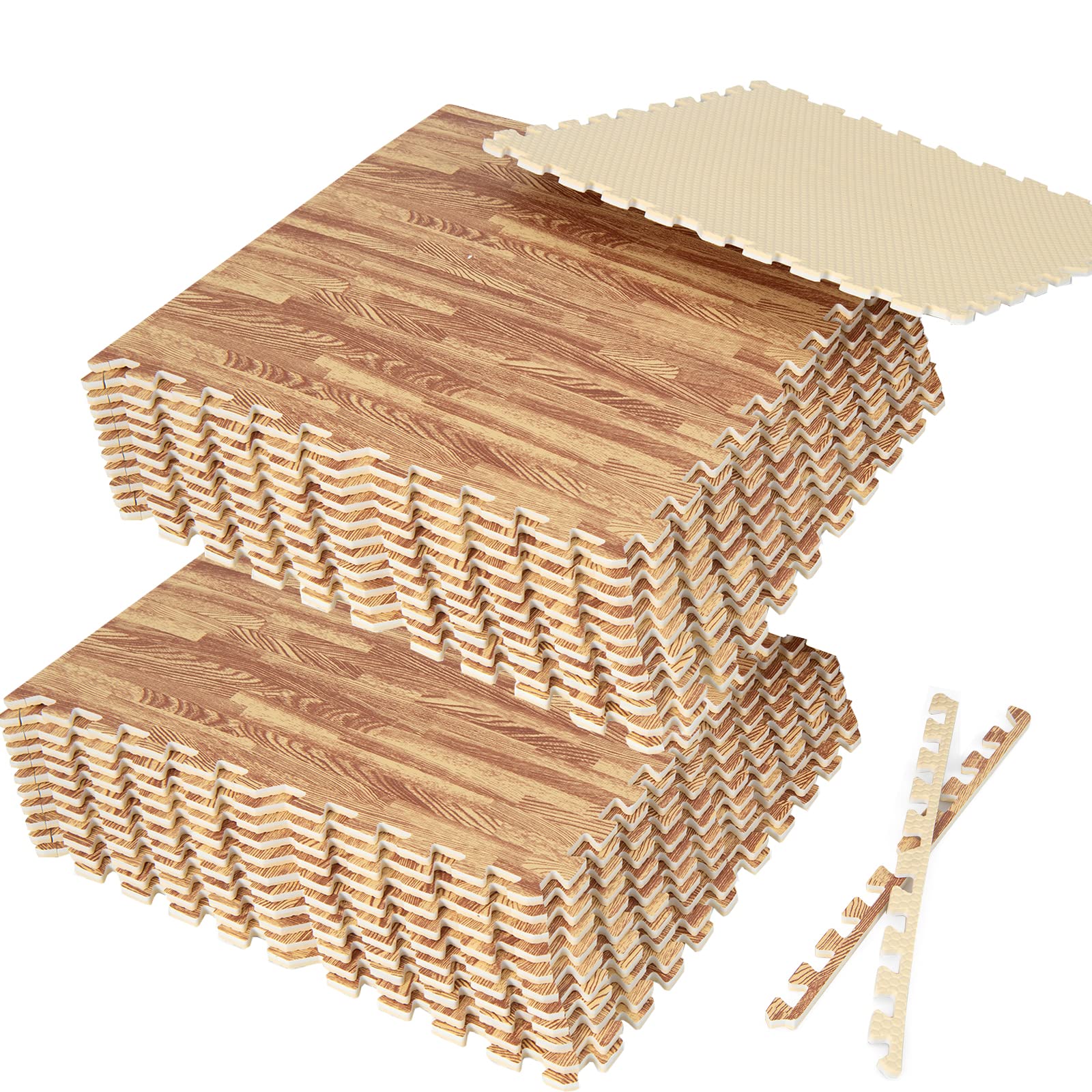 Giantex Foam Floor Tiles - 24 Pack Interlocking EVA Puzzle Mats with 48 Edge Pieces (96 sq.ft Coverage) - Wood Grain Textured Non-Slip Flooring for Playrooms, Basements, Kitchens & Farmhouse Decor - Perfect for Kids Play Areas, Home Gym & Nursery Floor Protection