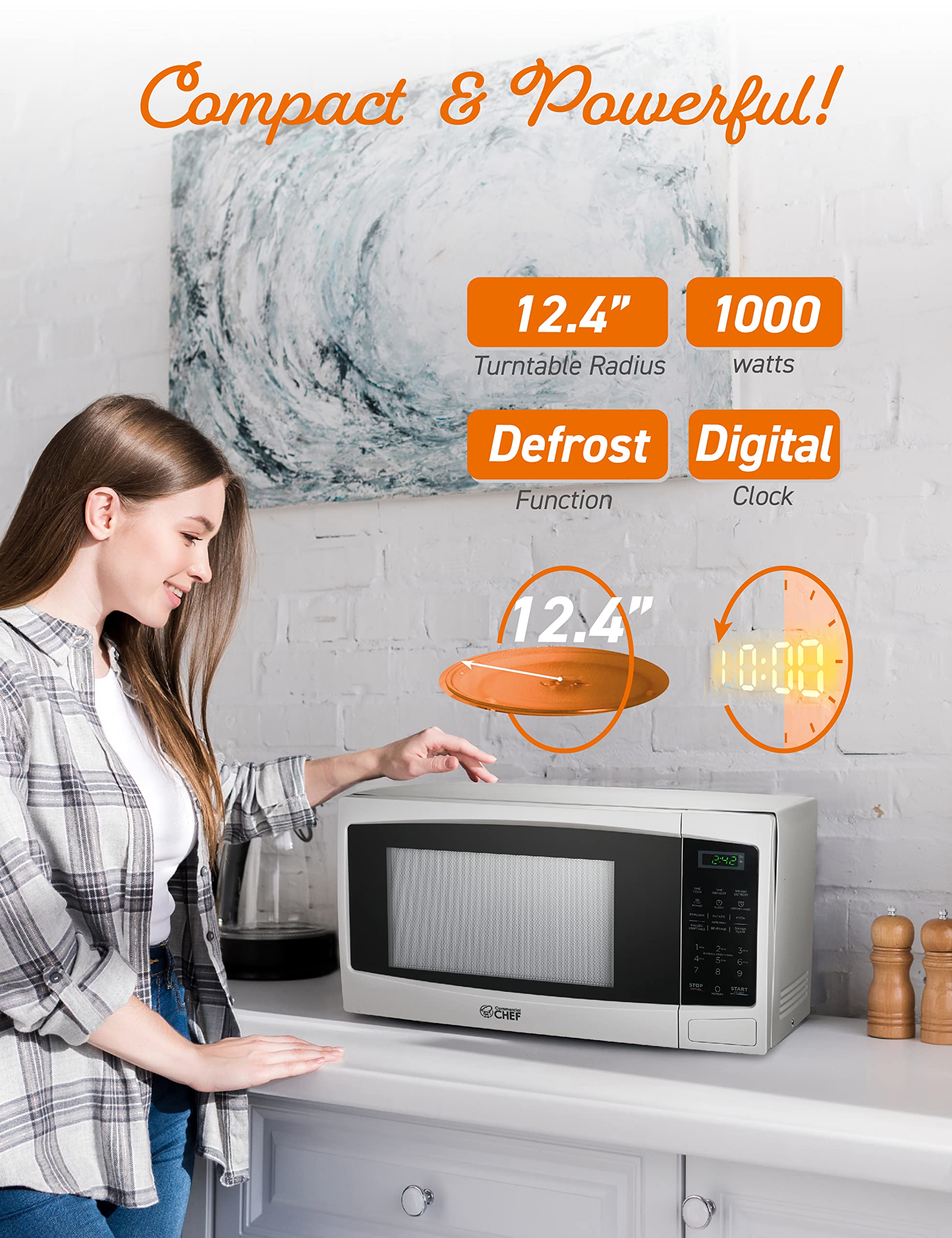 Commercial Chef 1.1 Cu Ft 1000W Countertop Microwave Oven - 10 Power Levels, Push Button Door Lock, Digital Controls & Turntable - Perfect for Home Kitchen, Office, Dorm & Small Spaces (White)