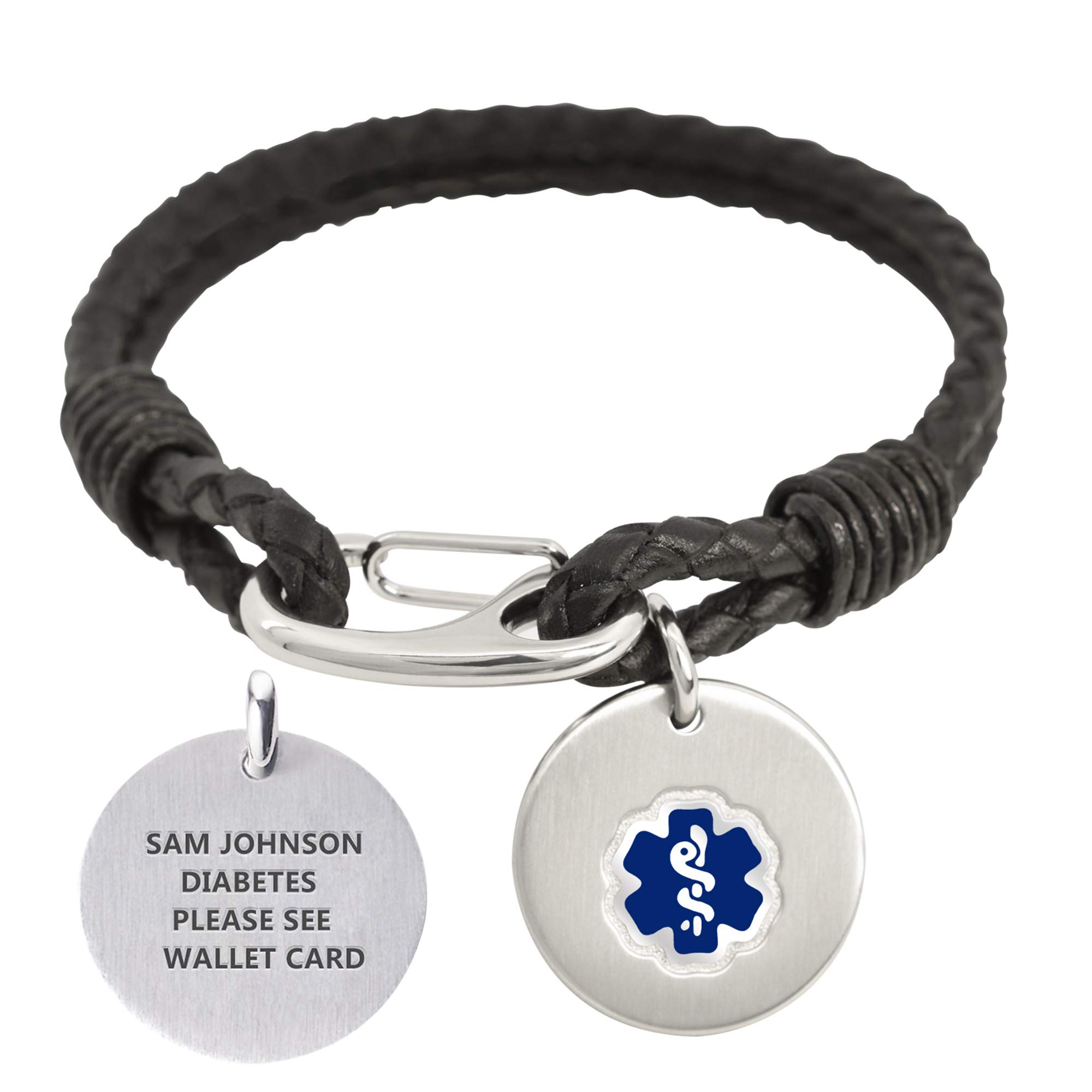 Divoti Custom Engraved Paracord Medical ID Bracelet for Women - Stainless Steel Medical Alert Bracelet with Free Engraving, Black Leather Double Bolo (7.5