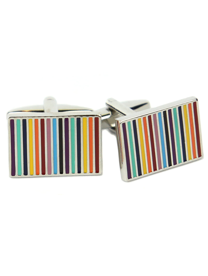 DÉCLIC Multi Stripe Rectangle Cufflinks for Men - Elegant Silver & Black Striped Dress Shirt Accessories - Perfect for Weddings, Business Meetings & Formal Events