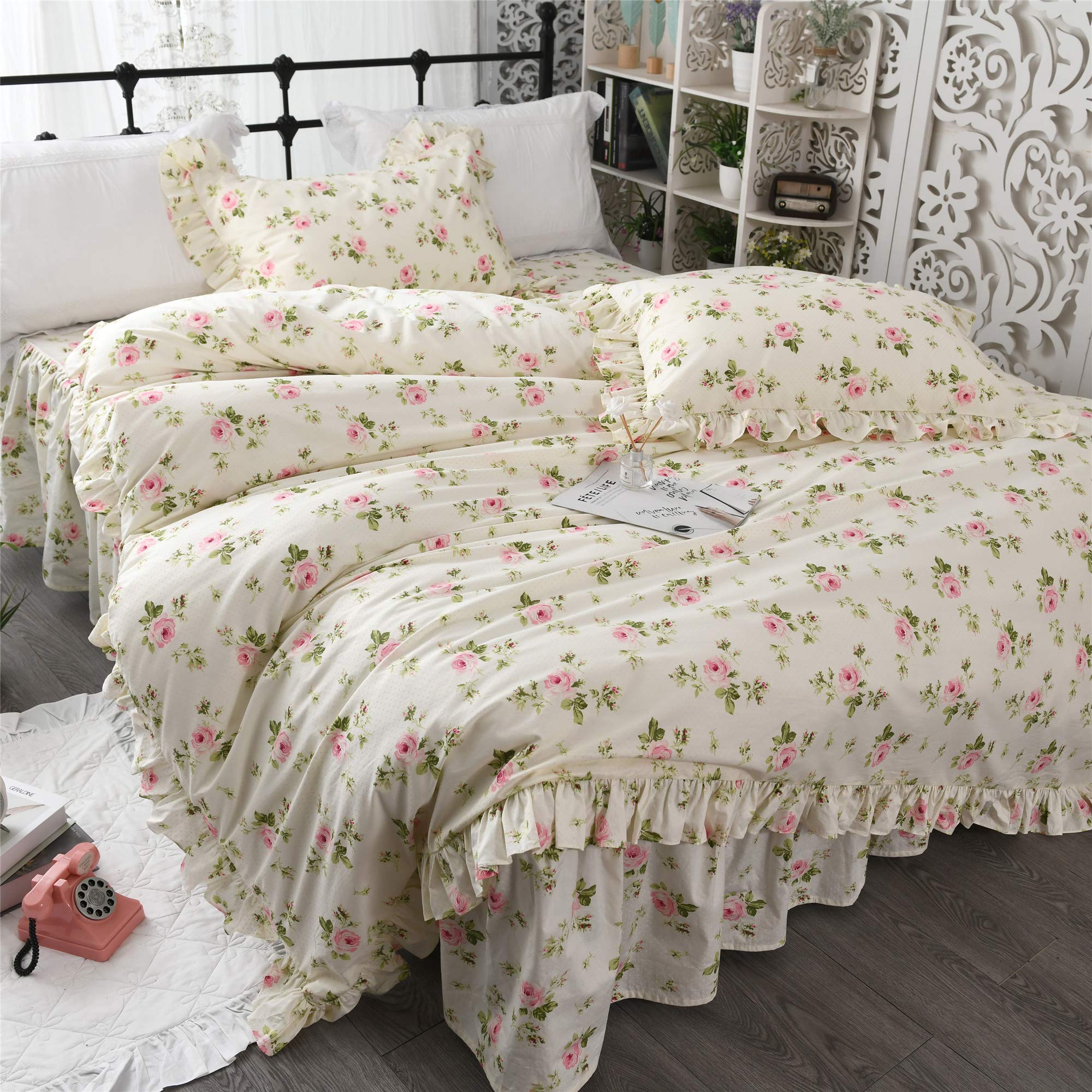 ABREEZE Ruffle Duvet Cover Set Twin Size - Shabby Chic Floral Bedding 3 Piece Set in Beige & Rose | French Country Farmhouse Style for Girls' Room & Guest Bedroom Decor