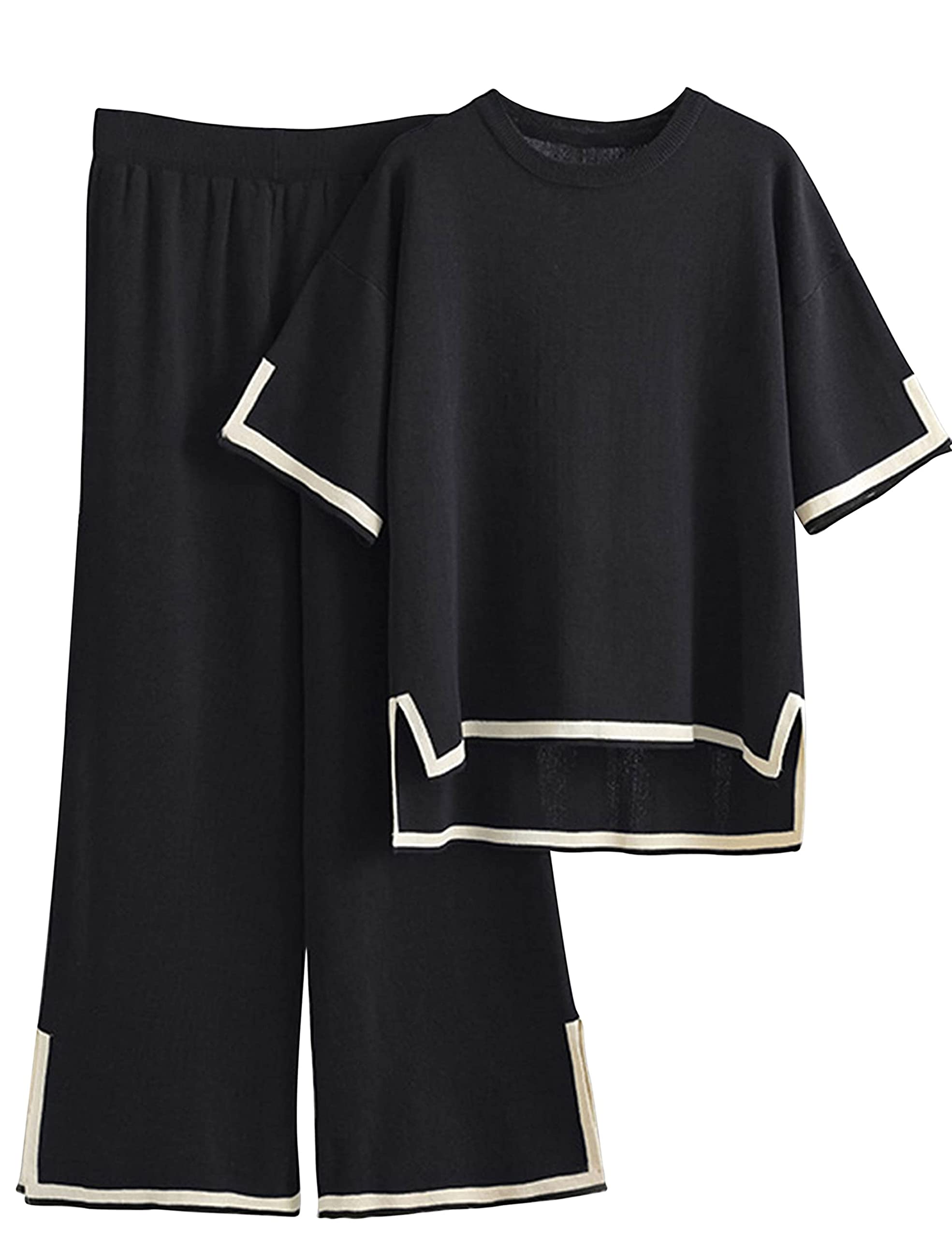 Tanming Women's 2-Piece Sweater Set - Short Sleeve Knit Pullover Top & Wide Leg Lounge Pants | Soft Casual Outfit for Home, Travel & Coffee Dates