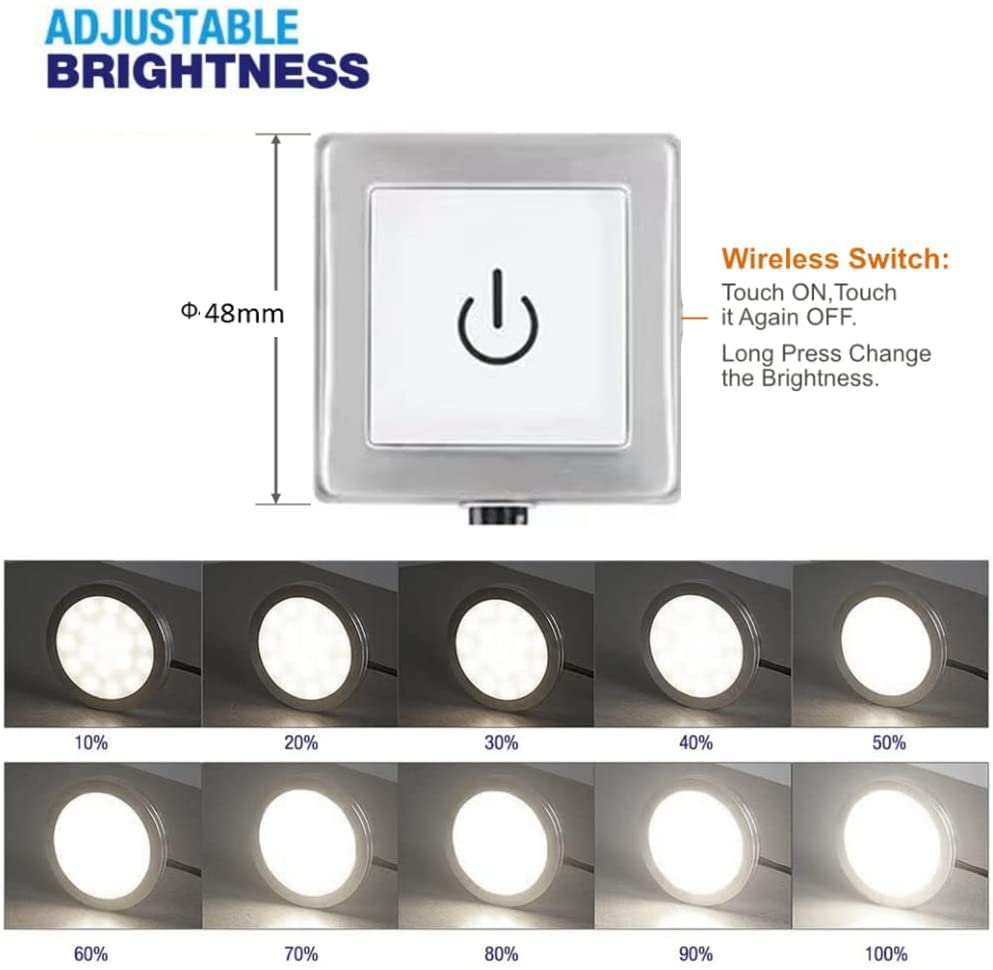 VST Under Cabinet Lighting Plug in with Wired Touch Dimmer Switch - 6 Pack White Puck Lights, Recessed or Surface Mount Design, Natural White 4000K, 12V 2W (12W Total) - Perfect for Kitchen, Closet, and Display Cabinet Lighting