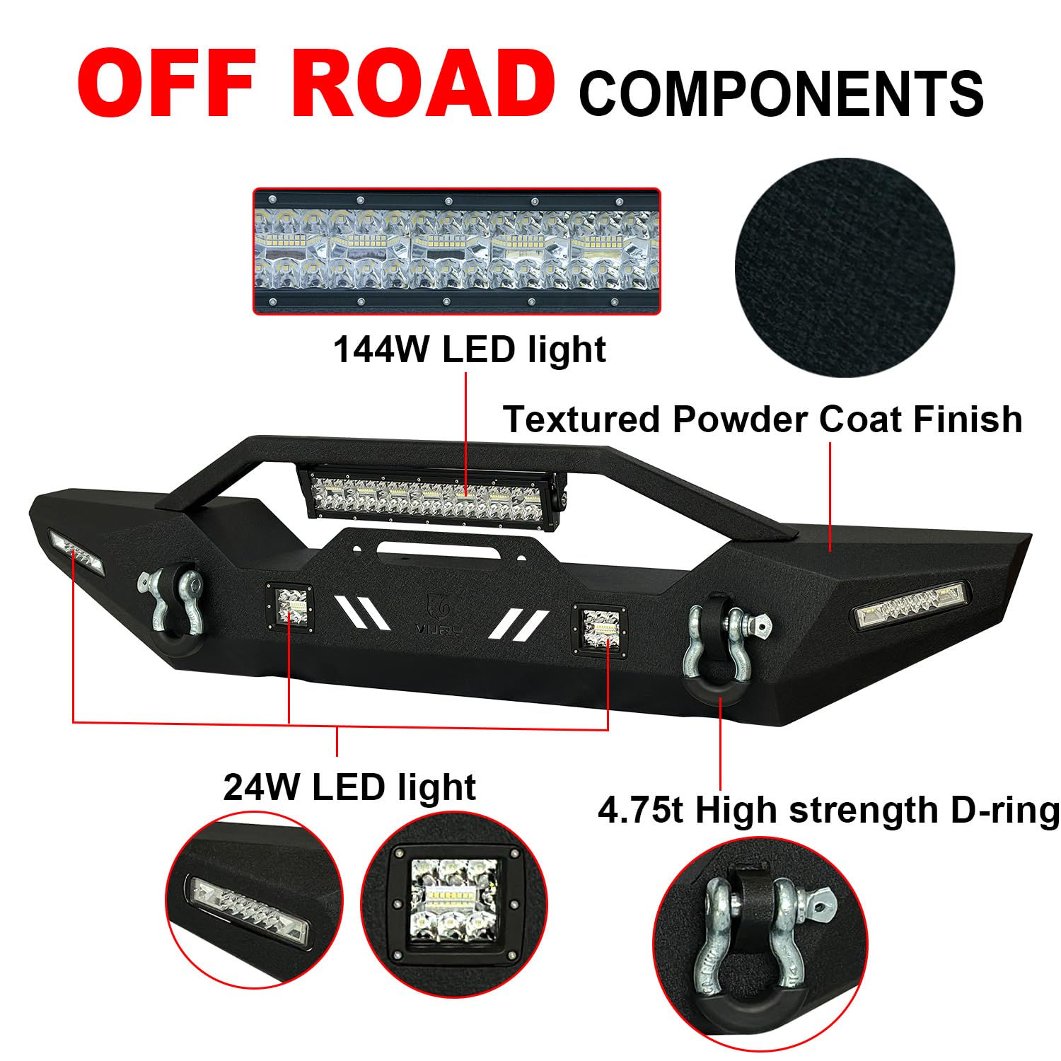 Black Textured Front Bumper with Winch Plate, LED Lights & D-Rings for 2007-2025 Jeep Wrangler JK/JKU/JL/JLU & 2020-2025 Gladiator JT - Off-Road Adventure & Daily Driving Upgrade