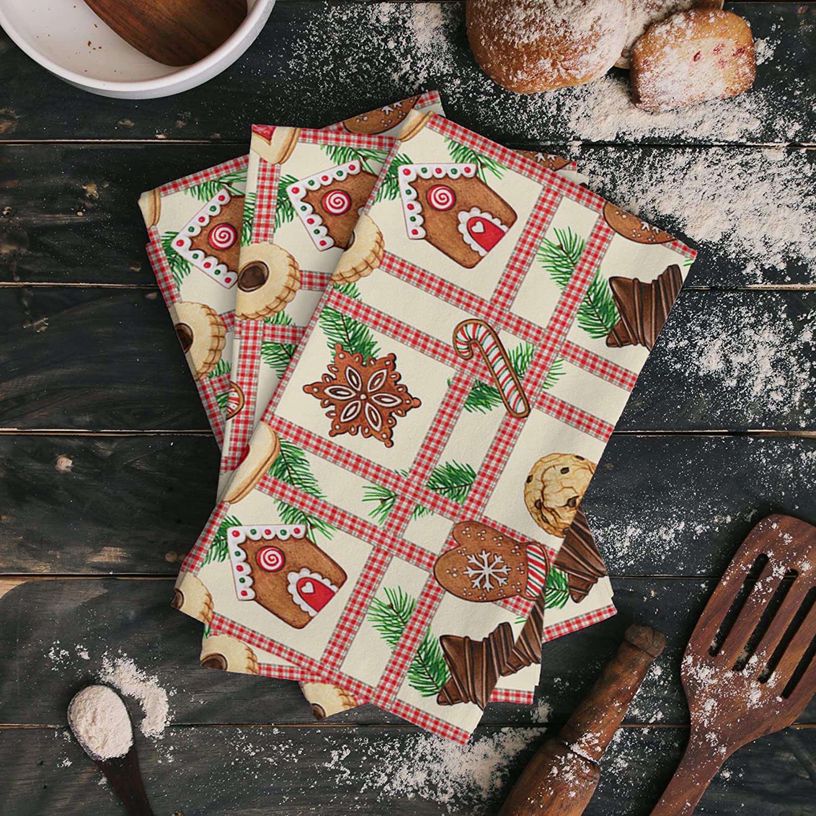 Super Absorbent Microfiber Kitchen Towels Set of 2 - Christmas Gingerbread Man Design, Soft Reusable Wash Cloths for Dishes, Fast Drying Watercolor Stripes Plaid Pattern - Perfect for Kitchen Cleaning, Bathroom Decor & Holiday Gift Giving
