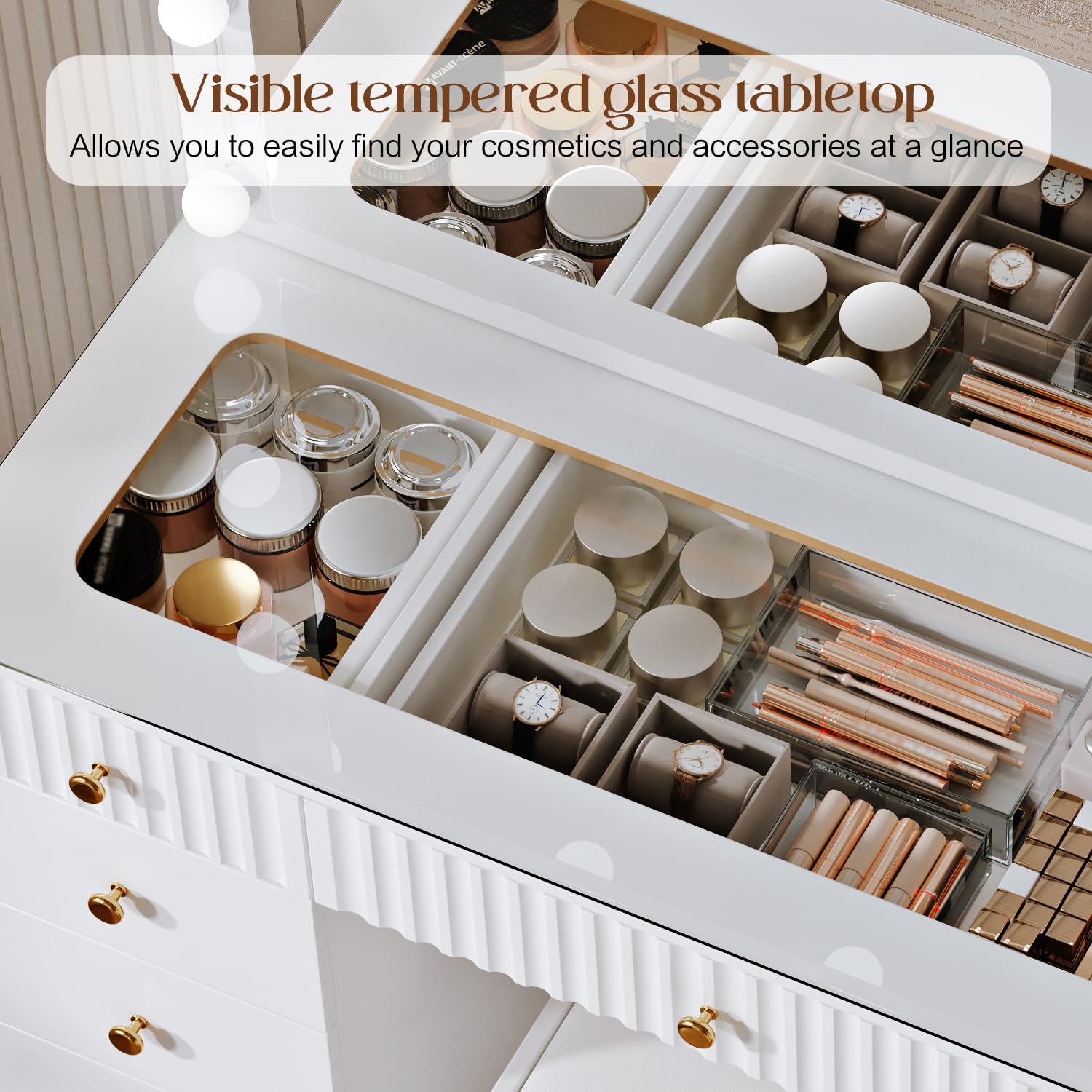 Modern White Large Vanity Desk with Chair - 11-Drawer High Capacity Makeup Dressing Table with Glass Top for Bedroom, Makeup Room | Perfect for Beauty Routine, Dressing Area & Home Decor