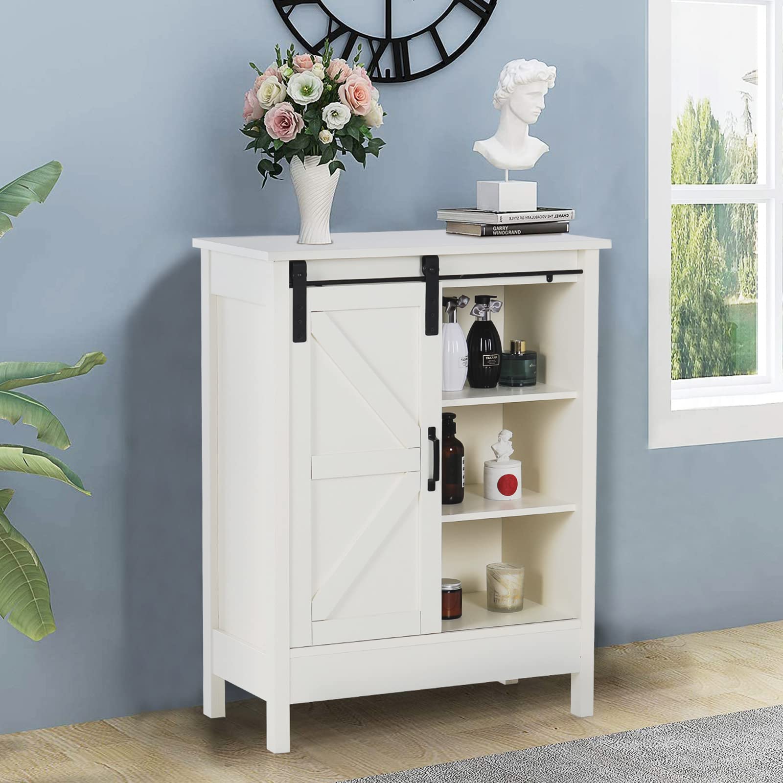 Farmhouse Style Sliding Barn Door Bathroom Floor Storage Cabinet - Creamy White Buffet & Sideboard for Living Room, Kitchen, Bedroom | Rustic Home Organization & Decor