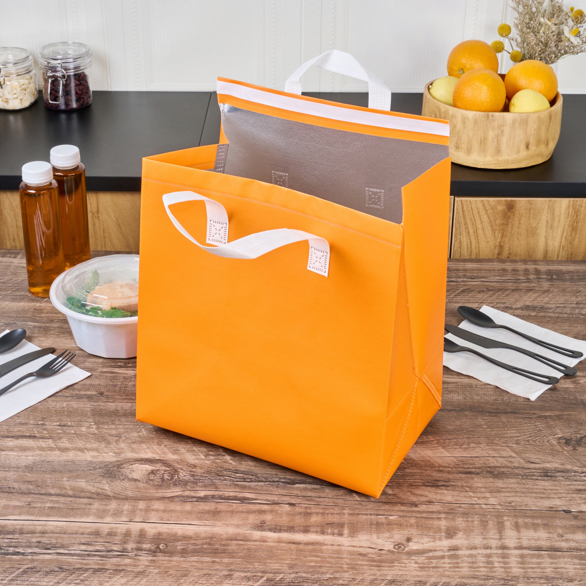 Orange Insulated Take Out Bags - Tamper Evident Food Delivery Bags (11.75