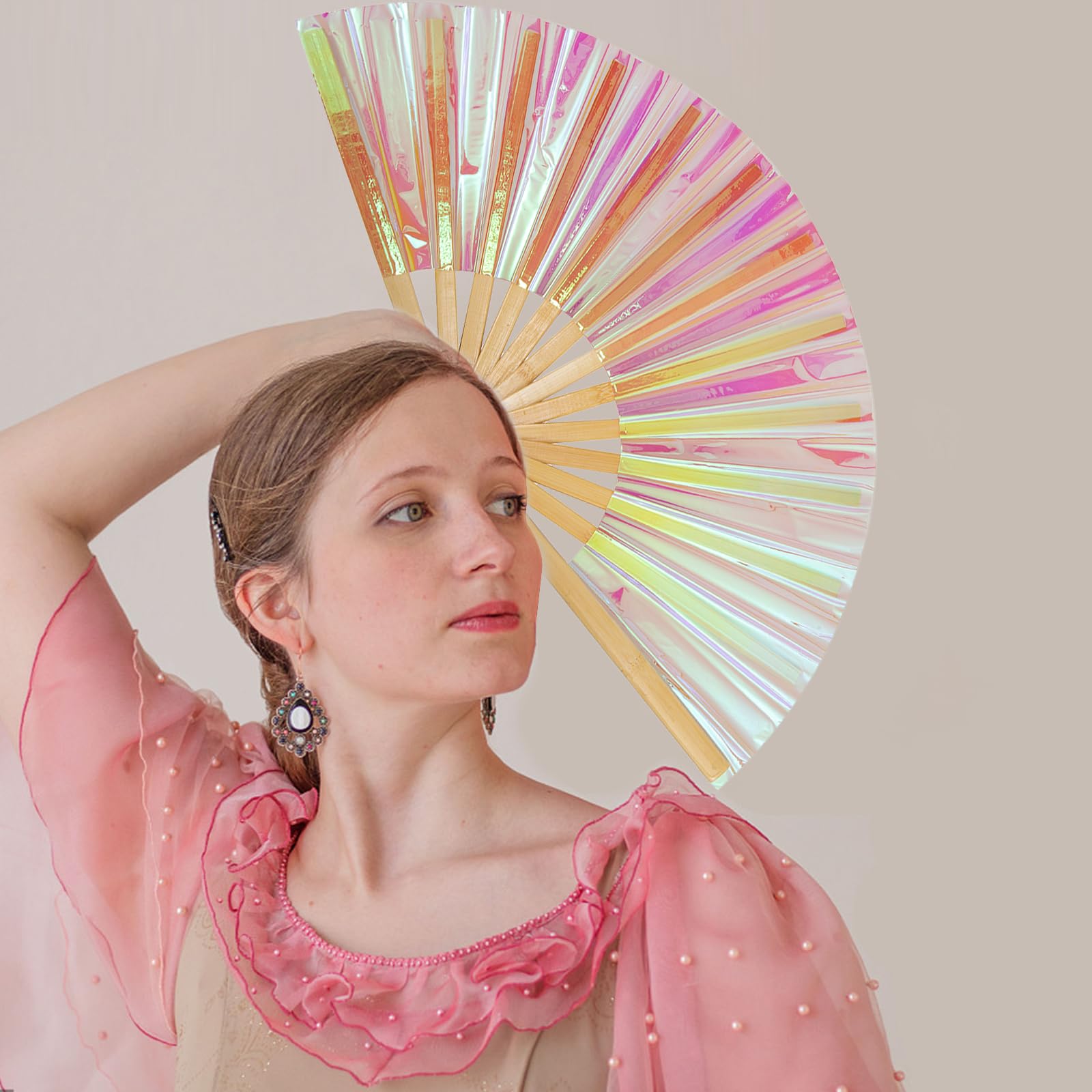 Vibrant Pink Laser Rave Hand Fan - Large Folding Festival Fan for Women, Halloween & Rainbow Outfits - Clack Handheld Party Accessory with Bright Colors | Perfect for EDM Festivals, Rave Parties, Cosplay & Summer Cooling