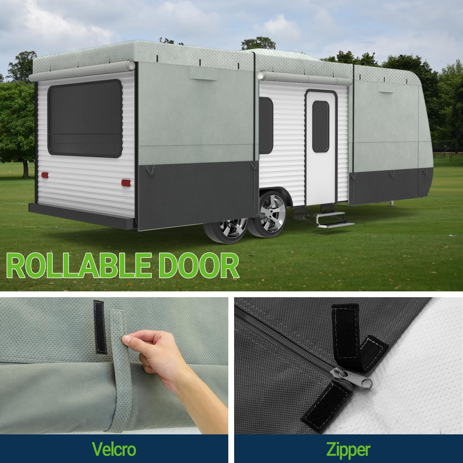 Windproof Heavy-Duty 7-Layer RV Travel Trailer Cover with Adhesive Repair Patches - Fits 30'-33' Campers (Grey) - All-Weather Protection for Outdoor Storage & Winter Use