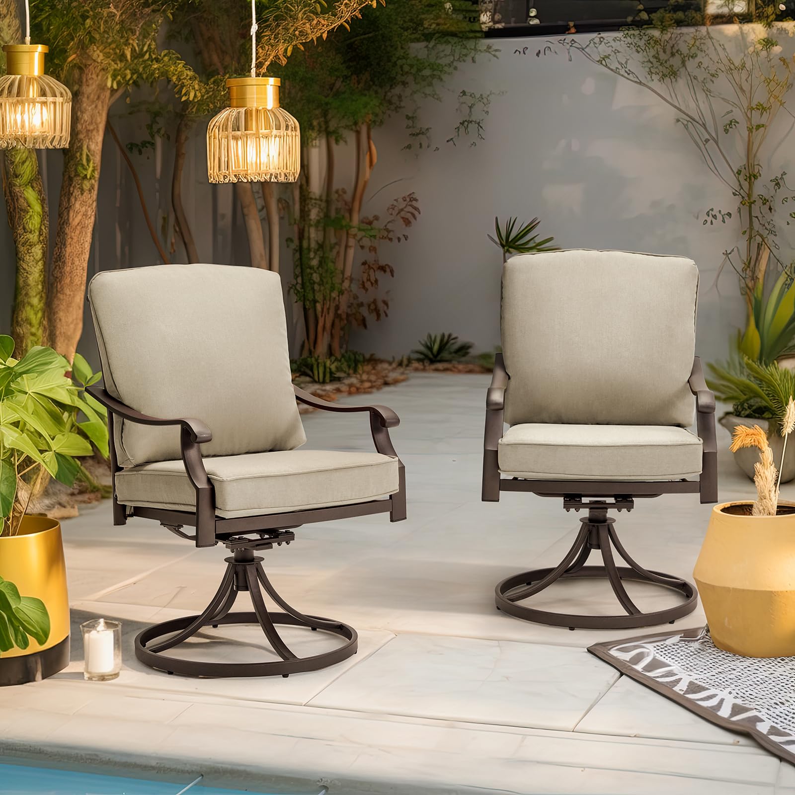 MELLCOM 2-Piece Patio Swivel Chair Set - Heavy Duty Outdoor Dining Chairs with Thickened Cushions, Gentle Rocking Metal Chairs for Garden, Lawn, Porch & Backyard - Khaki - Perfect for Outdoor Dining, Relaxing & Entertaining