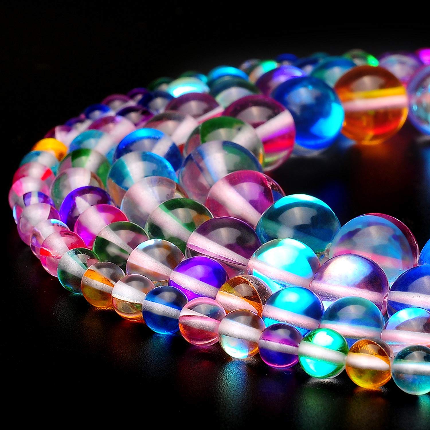 **Aura Iridescent Round Moonstone Crystal Glass Beads for Jewelry Making - 12mm Mixed Colors (1 Strand) - Perfect for Necklaces, Bracelets & DIY Craft Projects**