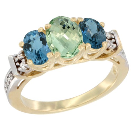 14K Yellow Gold Natural Green Amethyst & London Blue Topaz Ring with Oval Diamond Accents - Elegant Three-Stone Engagement Ring for Women, Perfect for Weddings, Anniversaries and Special Occasions