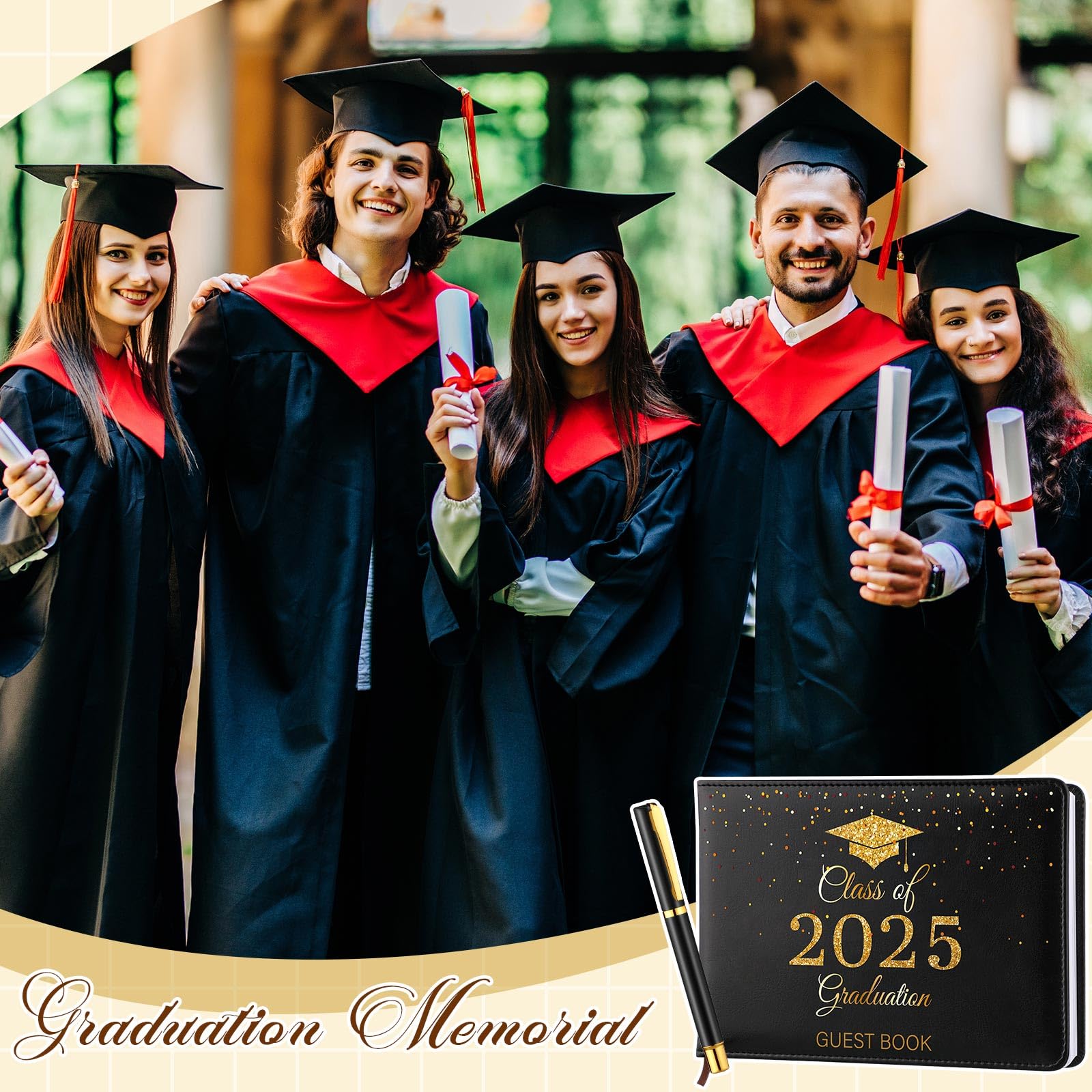 Frienda Class of 2025 Graduation Guest Book - Premium Leather Graduation Sign in Book with Pen - Graduation Party Favors & Congratulation Gifts for Graduates (Black & Gold) - Perfect for High School & College Graduation Ceremonies, Parties & Memory Keeping