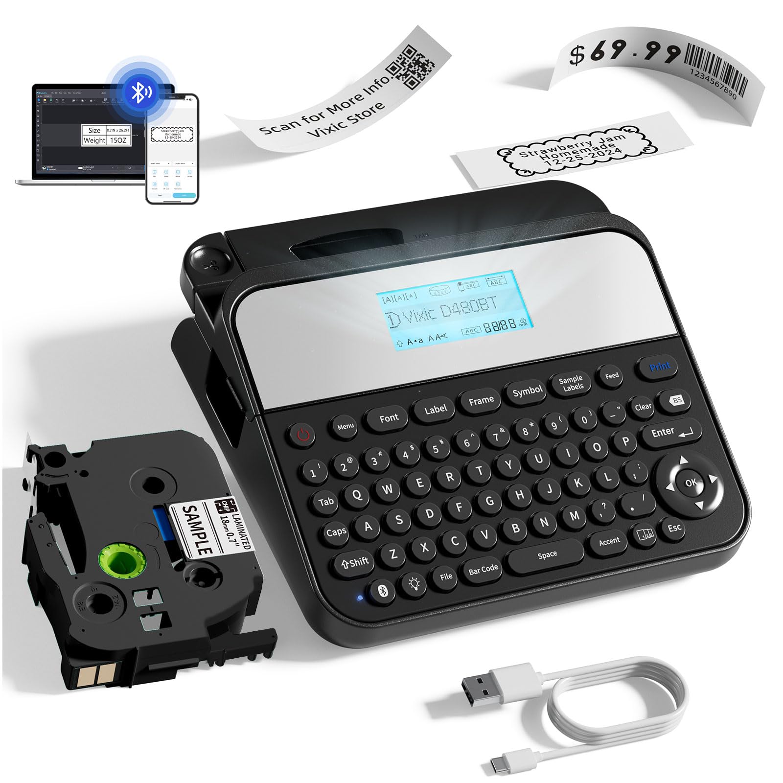 D480BT Bluetooth Label Maker with Keyboard & Backlight - Rechargeable Label Machine with Waterproof Tape (Up to 3/4