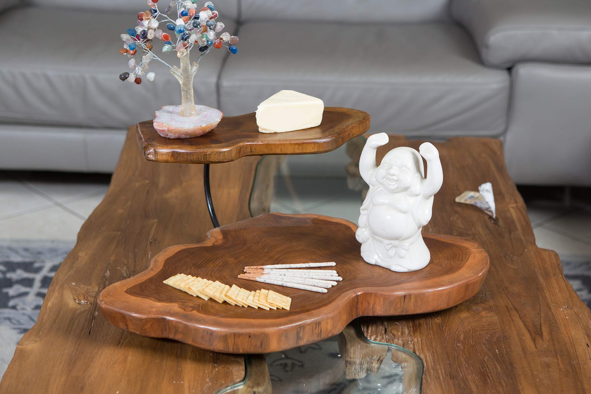 Premium Teak Wood Two-Tier Serving Tray - Elegant Decorative Centerpiece for Fruits, Snacks & Appetizers - Perfect for Dining Tables, Buffets & Party Platters