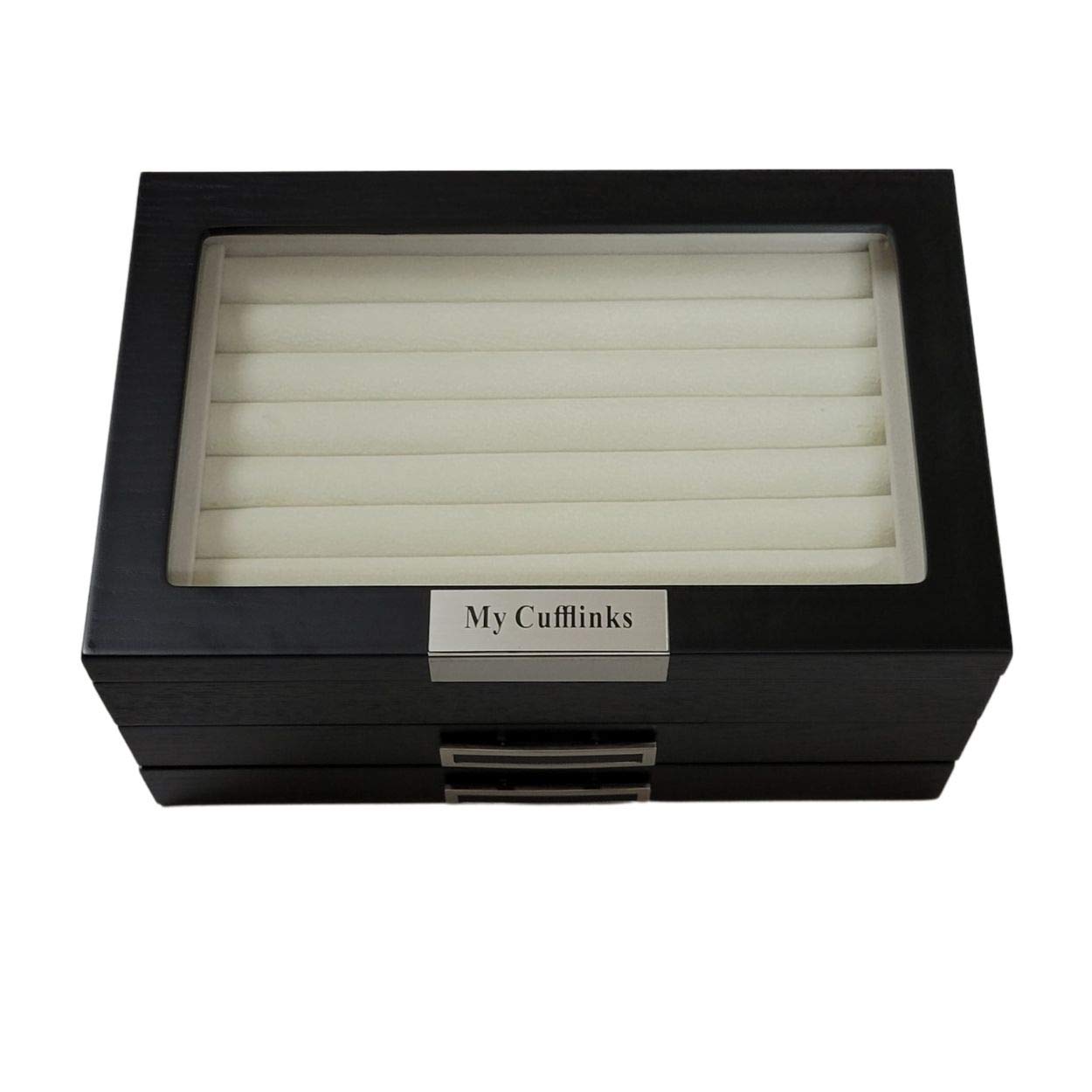 Personalized Black Ebony Wood Cufflink Case & Ring Storage Organizer - Stainless Steel Engravable Jewelry Box for Men - Holds 108 Cufflinks - Perfect Gift for Weddings, Anniversaries & Formal Events