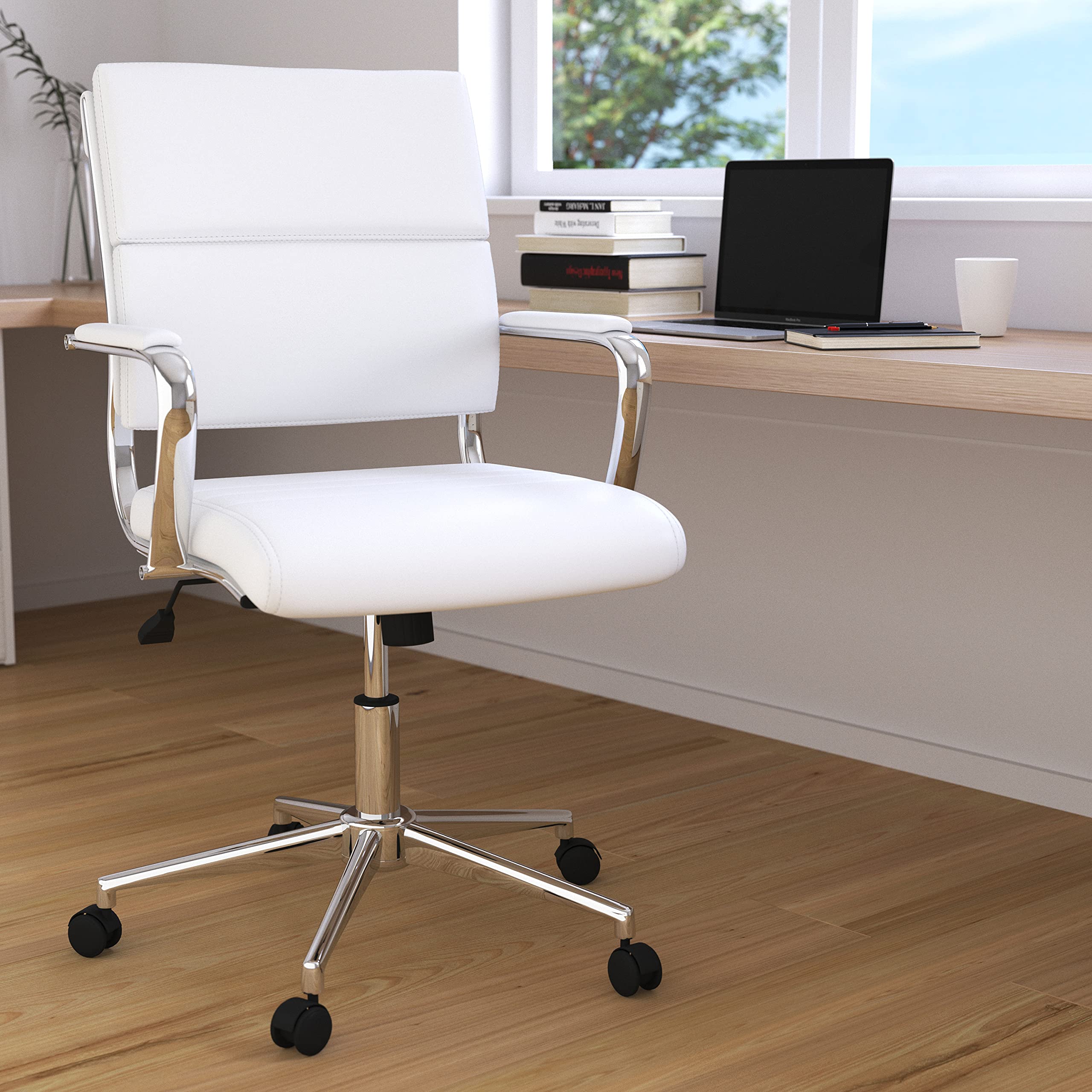 Merrick Lane McEntyre Mid-Back Ergonomic Office Chair - Faux Leather Executive Swivel Desk Chair with Adjustable Height & Padded Arms - Modern Panel Back Design - Perfect for Home Office, Computer Work & Conference Rooms