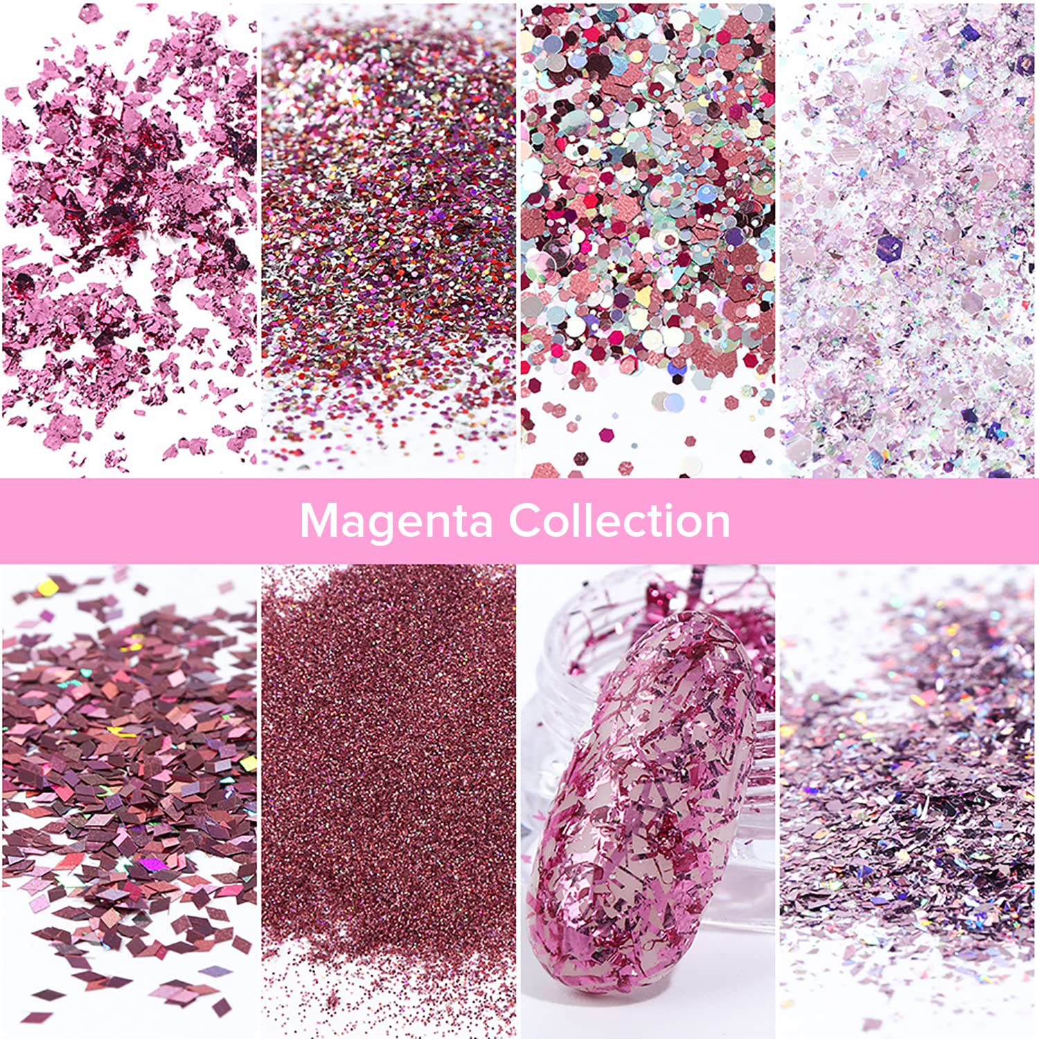 GOGOONLY 8-Piece Holographic Nail Glitter Set - Metallic Shining Flakes & Sequins for Nail Art Decoration (Magenta) | Professional Salon & DIY Manicure at Home