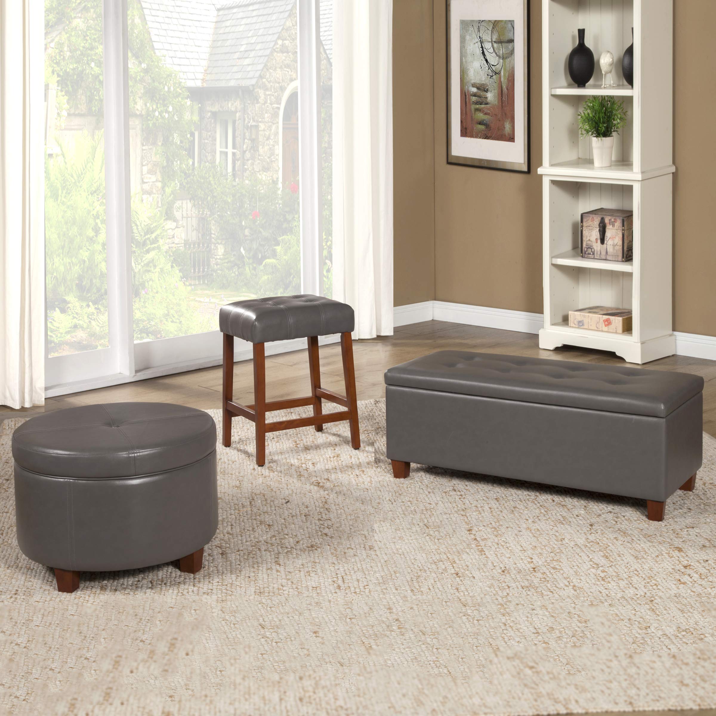 HomePop Large Round Leatherette Storage Ottoman with Lift-Top Lid - Charcoal Grey | Footrest, Coffee Table & Hidden Storage for Living Room, Bedroom & Office