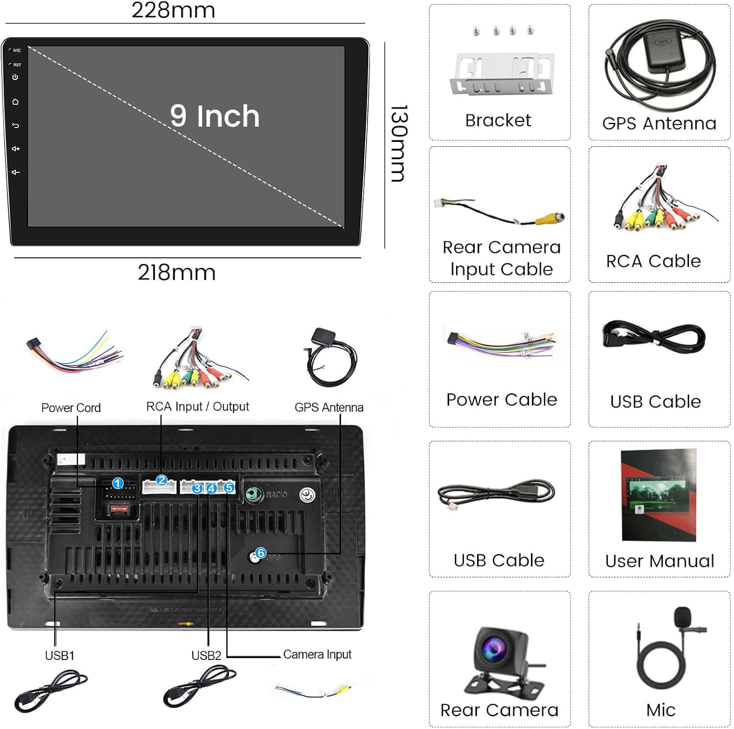 Hikity 2+64GB Android 13 Double Din Car Stereo with Wireless CarPlay & Android Auto - 9 Inch Touch Screen Bluetooth GPS WiFi FM RDS SWC Mic AHD Backup Camera Voice Control - Perfect for Car Audio Upgrade & Hands-Free Driving