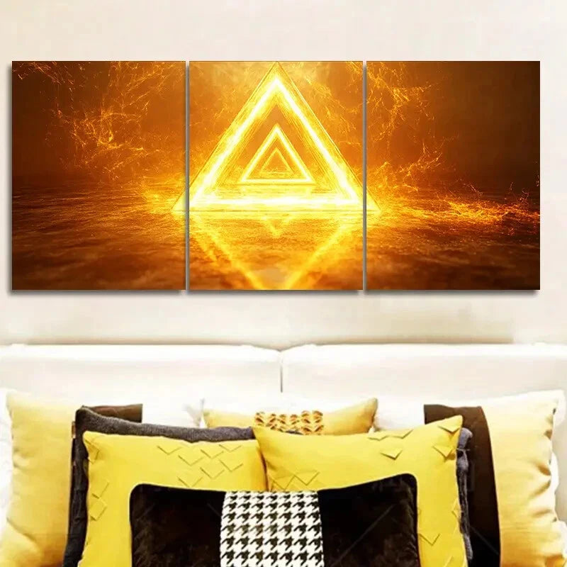3pcs Glowing Yellow Triangle Metal Wall Art - Ready to Hang Modern Home Decor for Living Room, Bedroom & Office