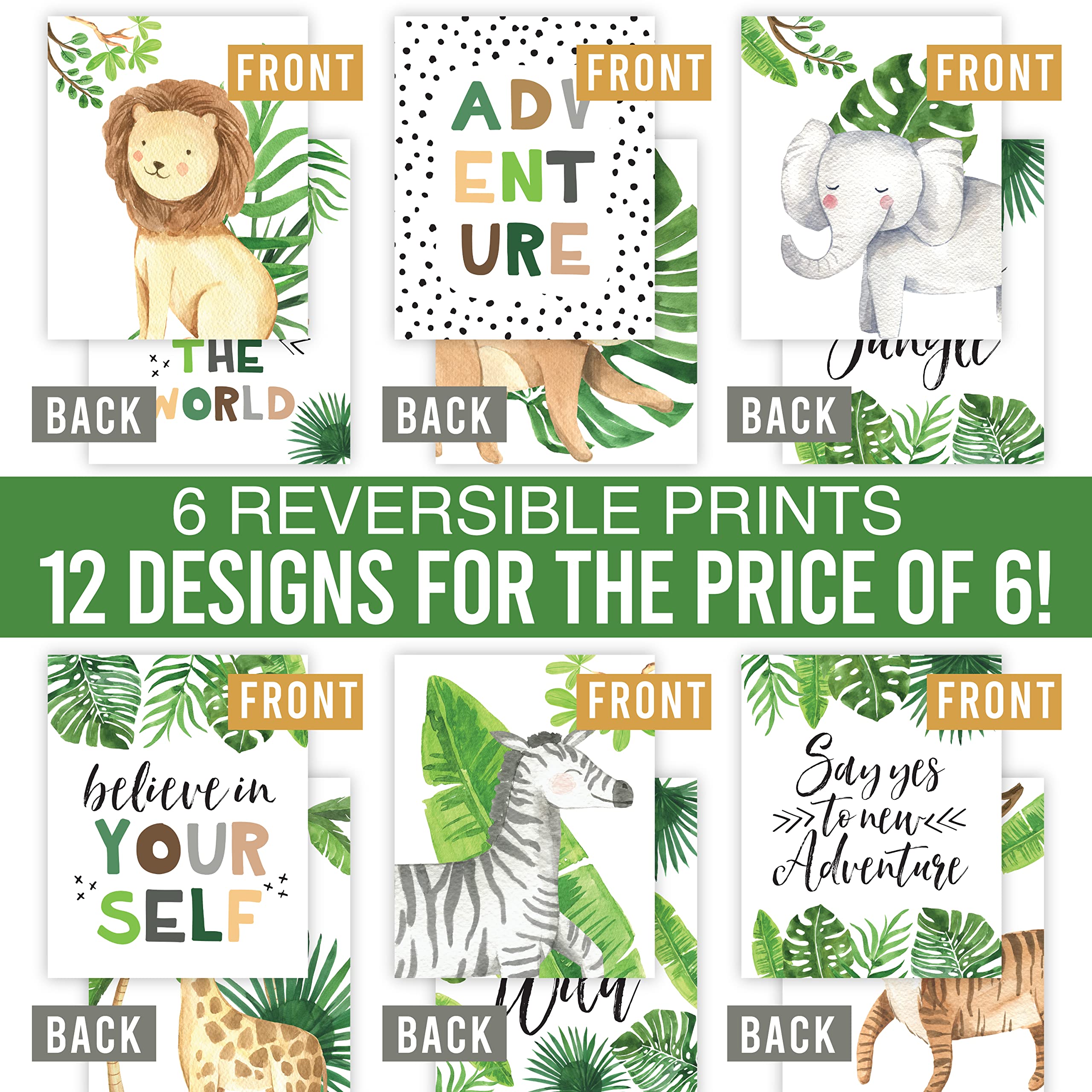 6 Reversible 8x10 Safari Nursery Wall Art Prints - Jungle Animal Classroom Decor, Baby Shower & Birthday Party Decorations - Perfect for Jungle Theme Nursery, Kids Room, Classroom & Safari Party Decor