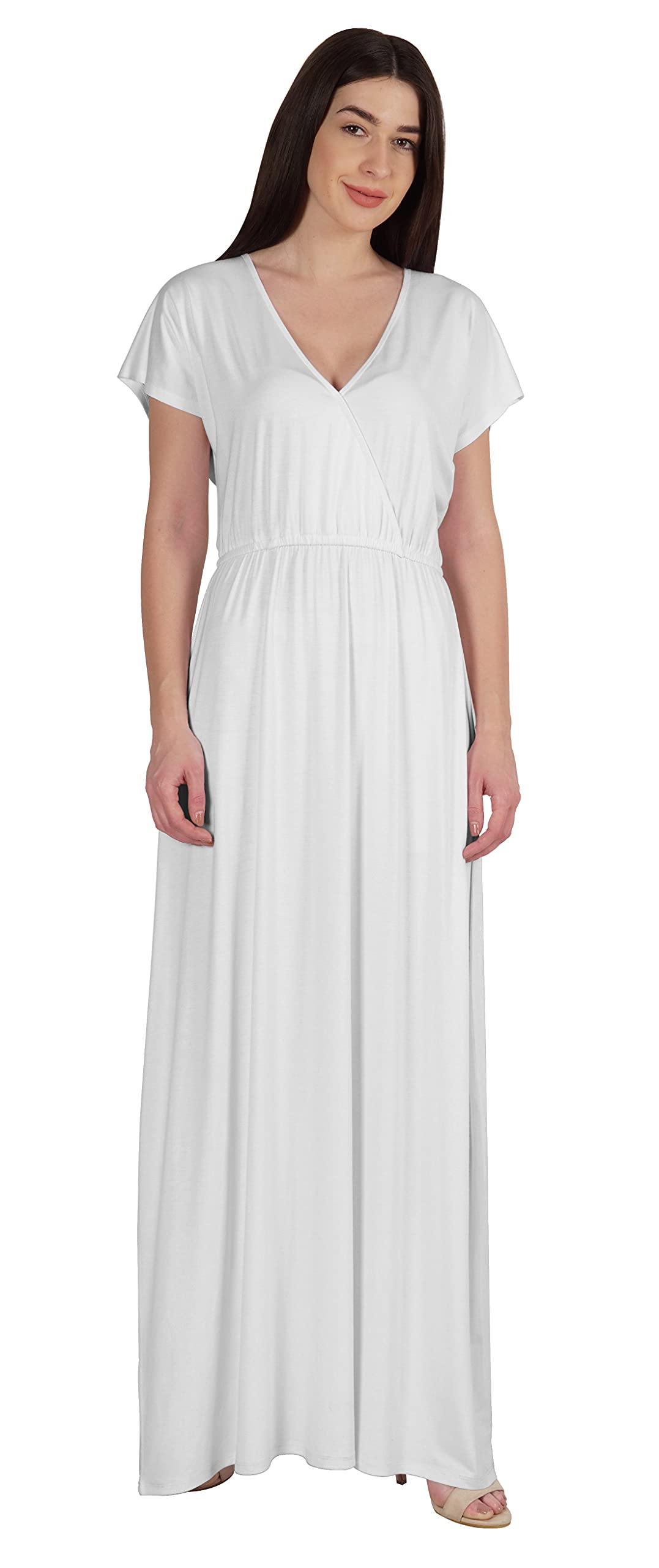 Inkmeso Wrap Style Jersey Maxi Dress - Gathered Waist Summer Casual Long Dress for Women | Beach Cover Up, Vacation Outfit, Boho Chic Style