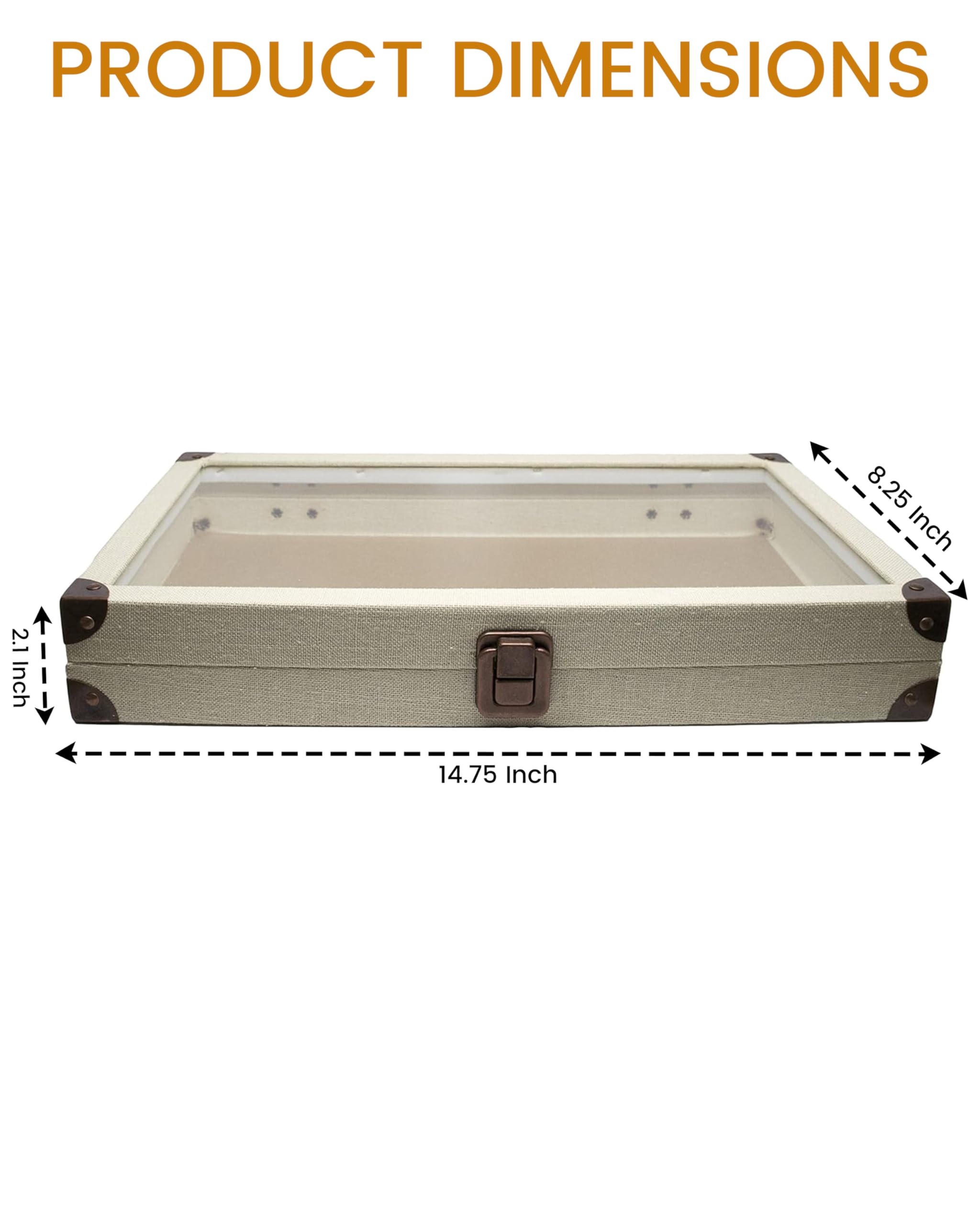 Premium Linen Light Beige Jewelry Display Case with Glass Lid - 14.75x8.25x2.1 Inch Large Collectible Storage Box for Necklaces, Rings & Gemstones - Perfect for Showcasing Jewelry Collections, Rocks & Precious Stones at Home or Retail Stores