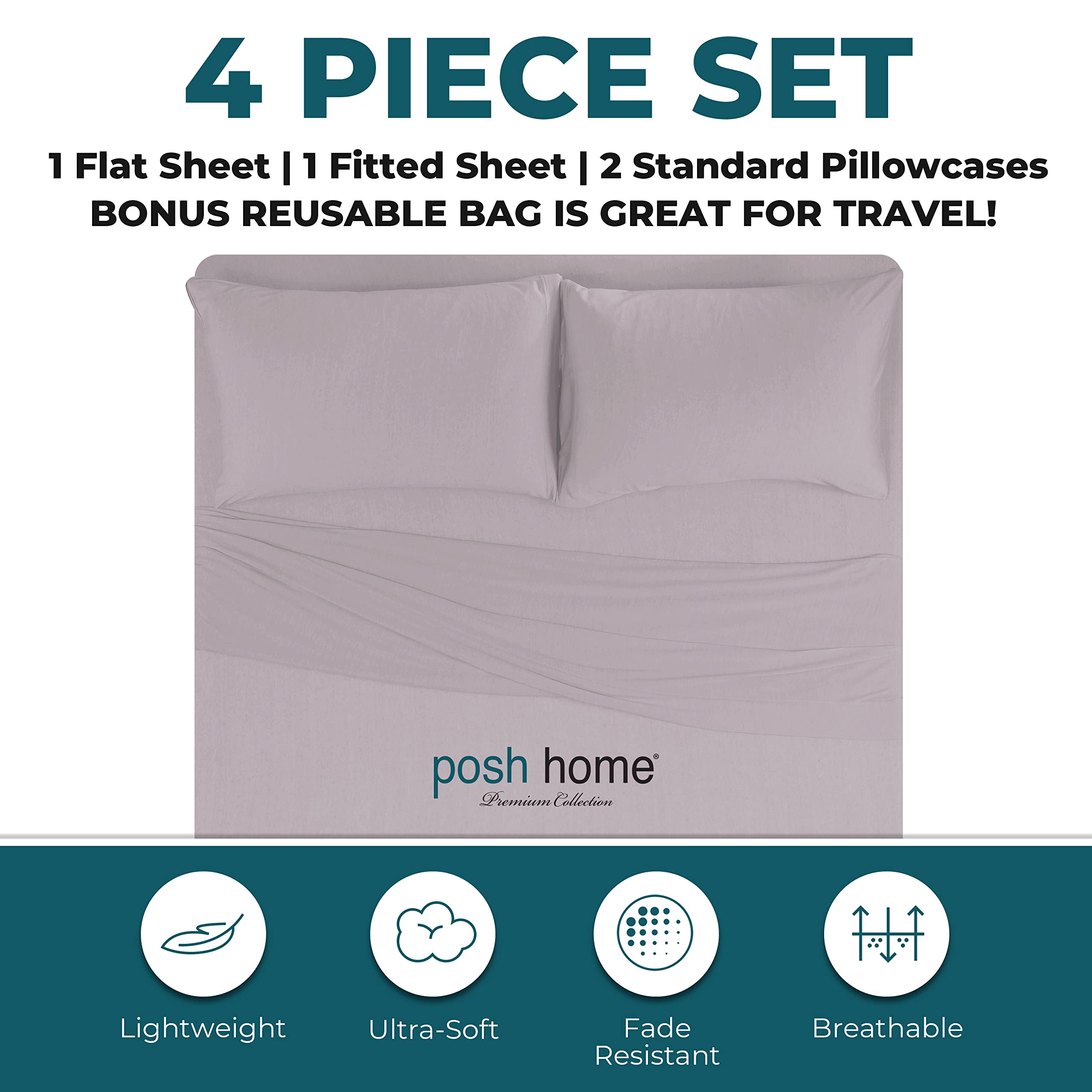 Posh Home Jersey Knit Sheet Set – 4-Piece Soft & Breathable Cotton Jersey Bed Sheets for Queen Size Bed – Includes Flat Sheet, Fitted Sheet & 2 Pillowcases – Lilac Haze – Perfect for Cozy Nights & All-Season Comfort