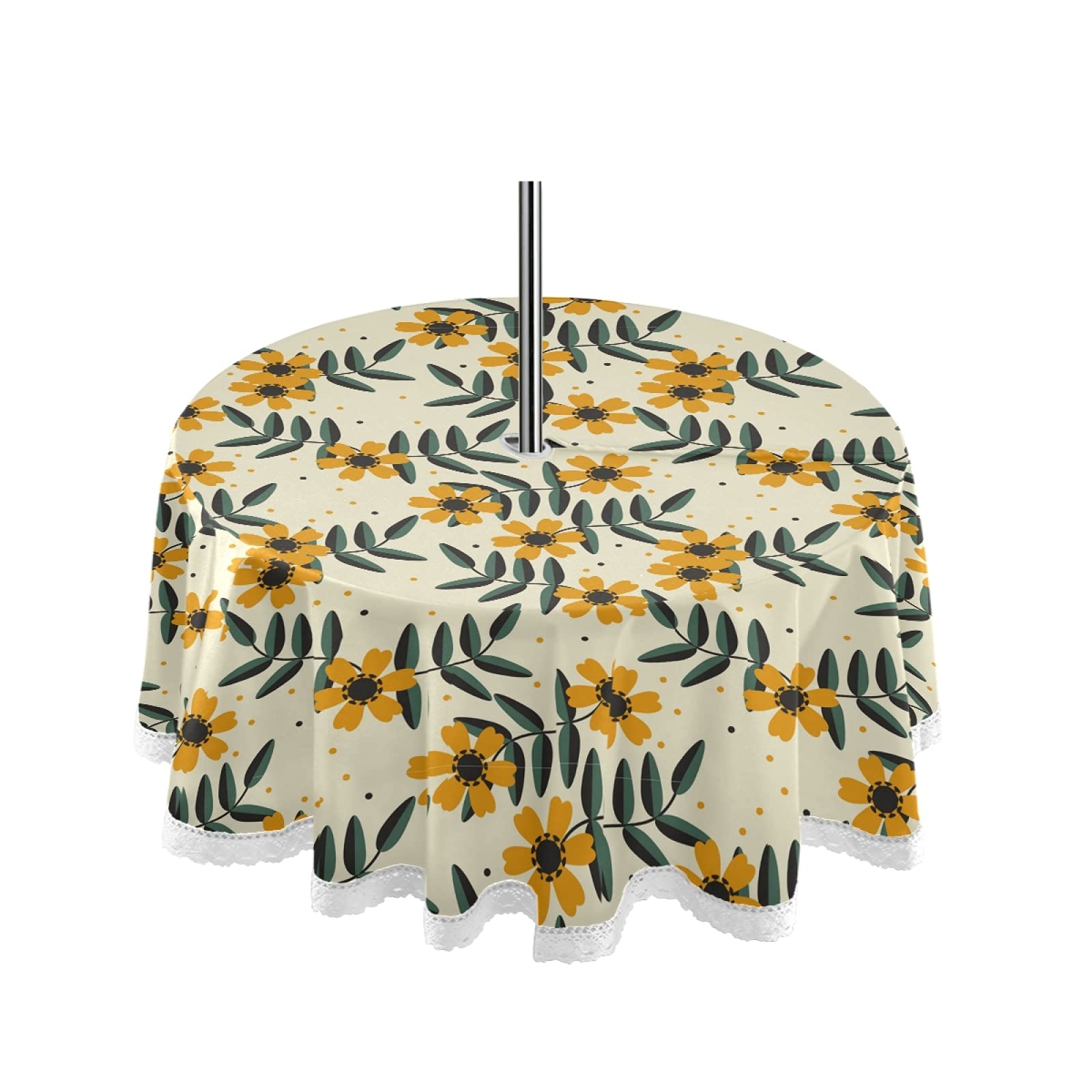 Waterproof Green Leaves Floral Outdoor Tablecloth with Umbrella Hole & Zipper - Spring Summer Picnic Table Cover for Restaurant, Patio, BBQs, Party & Home Decor - Machine Washable & UV Resistant for Outdoor Dining & Garden Parties