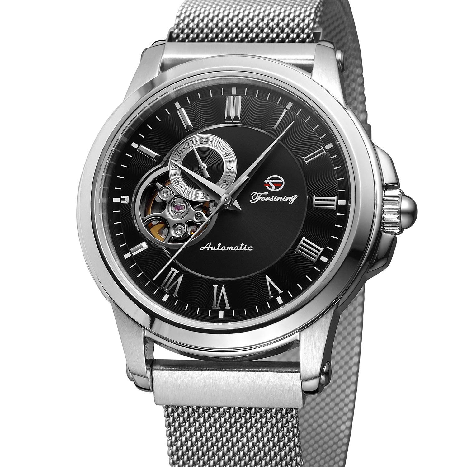 MASTOP Men's Automatic Skeleton Watch - Stainless Steel Mesh Band with Roman Numerals - Waterproof Mechanical Wristwatch for Business, Casual & Formal Occasions