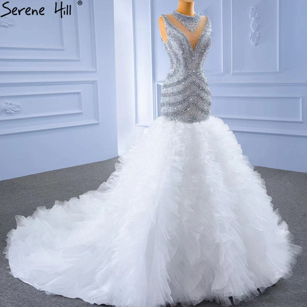 Serene Hill Grey White Mermaid Wedding Dress 2025 - Luxury Beaded Ruffles Elegant Bridal Gown HM67295 | Custom Made for Beach Weddings & Formal Ceremonies