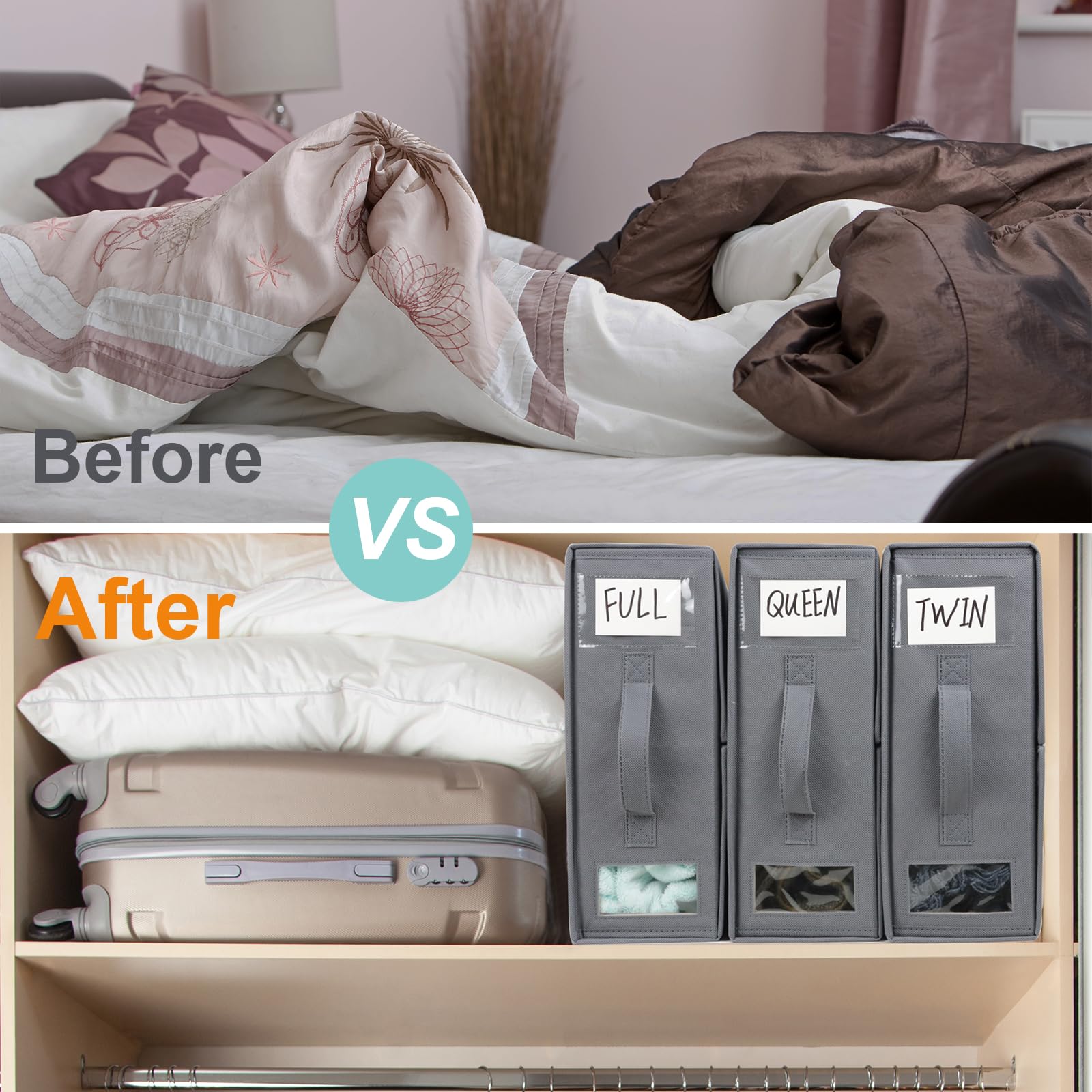 3-Pack Foldable Fabric Bed Sheet Organizers with Zipper - Queen/King Size Storage Box for Bedding Sets, Duvet Covers & Pillowcases | Perfect for Linen Closet Organization & Space Saving in Bedrooms