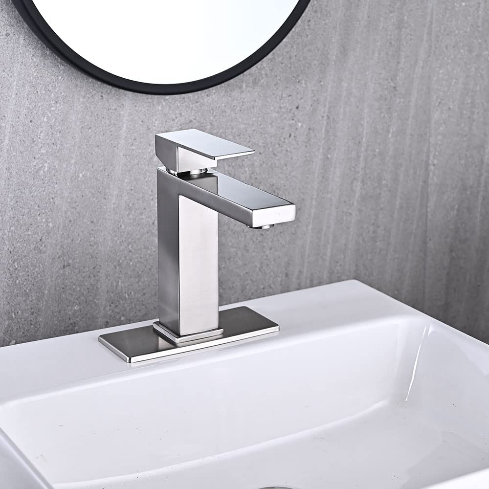 Brushed Nickel Single Hole Bathroom Faucet - Modern Single Handle Stainless Steel Vanity Sink Faucet with Pop-Up Drain Stopper & Water Supply Hoses - Perfect for Bathroom Renovation & Small Space Sinks