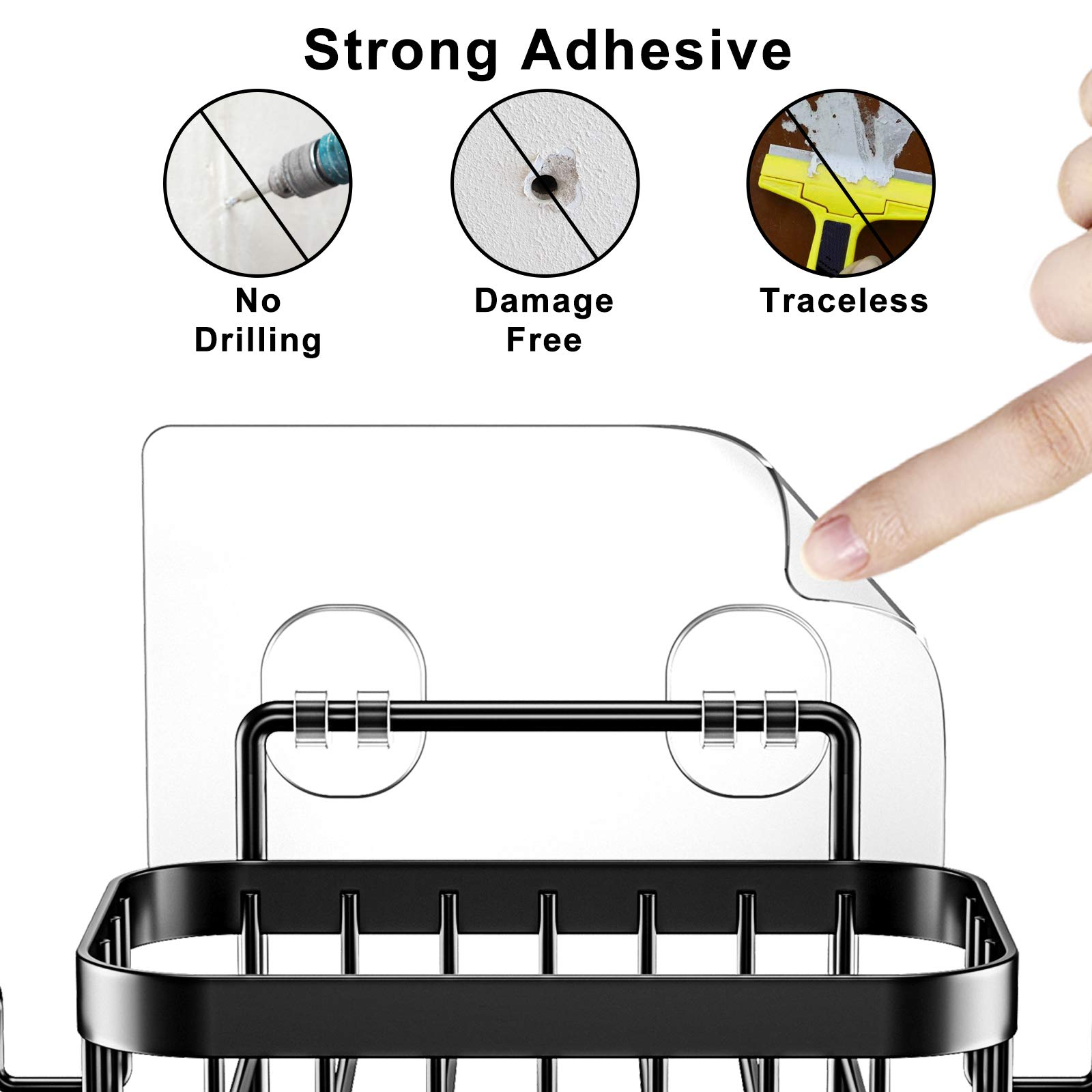 ODesign Adhesive Wall Mounted Soap Dish Holder with 6 Hooks - Loofah, Bath Sponge, Towel & Razor Organizer for Bathroom, Shower & Kitchen - No Drilling Required (Black, 1 Pack) - Perfect for Small Space Organization & Clutter-Free Bathroom Storage