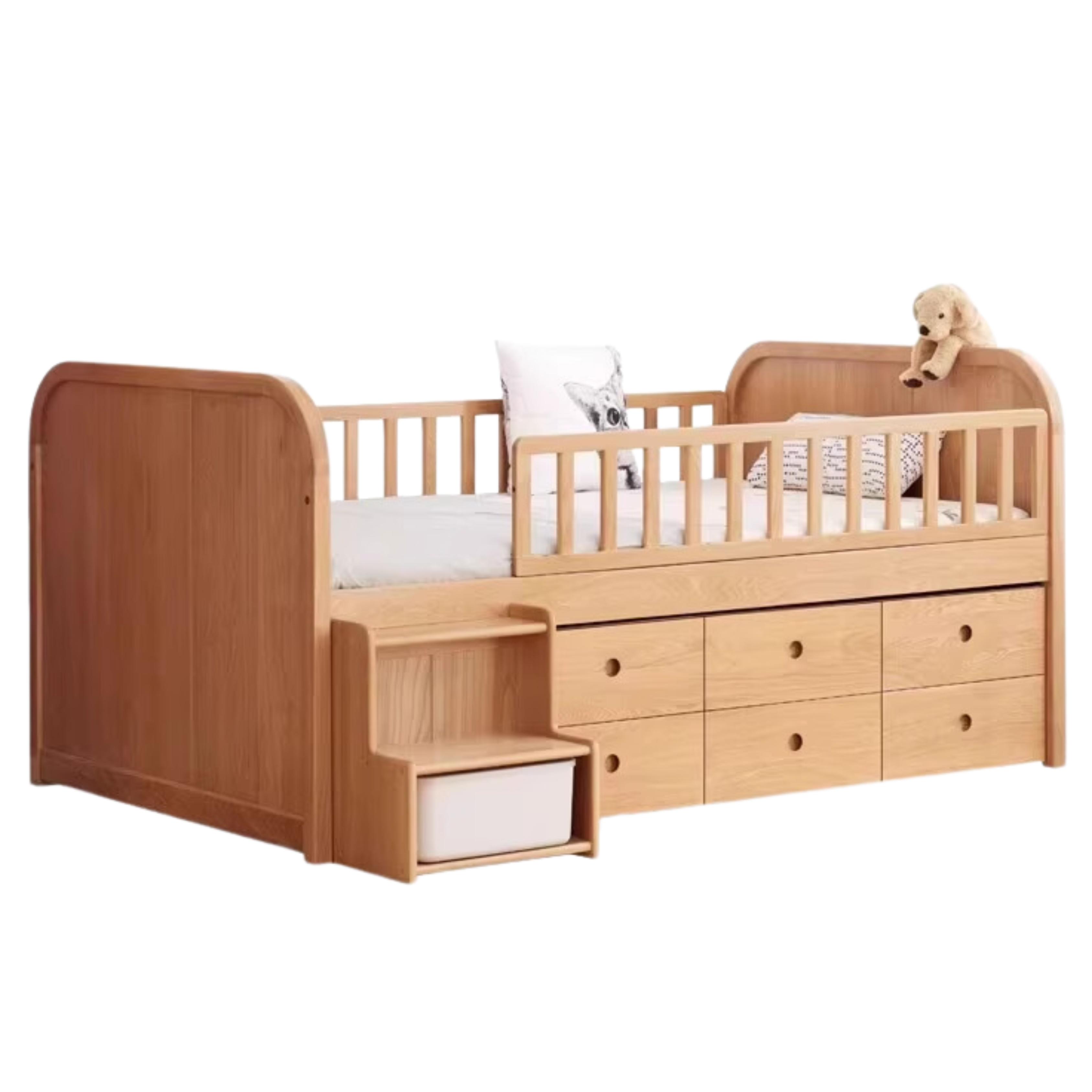 Natural Wood Color Half-height storage bed with small step ladder + six-drawer cabinet