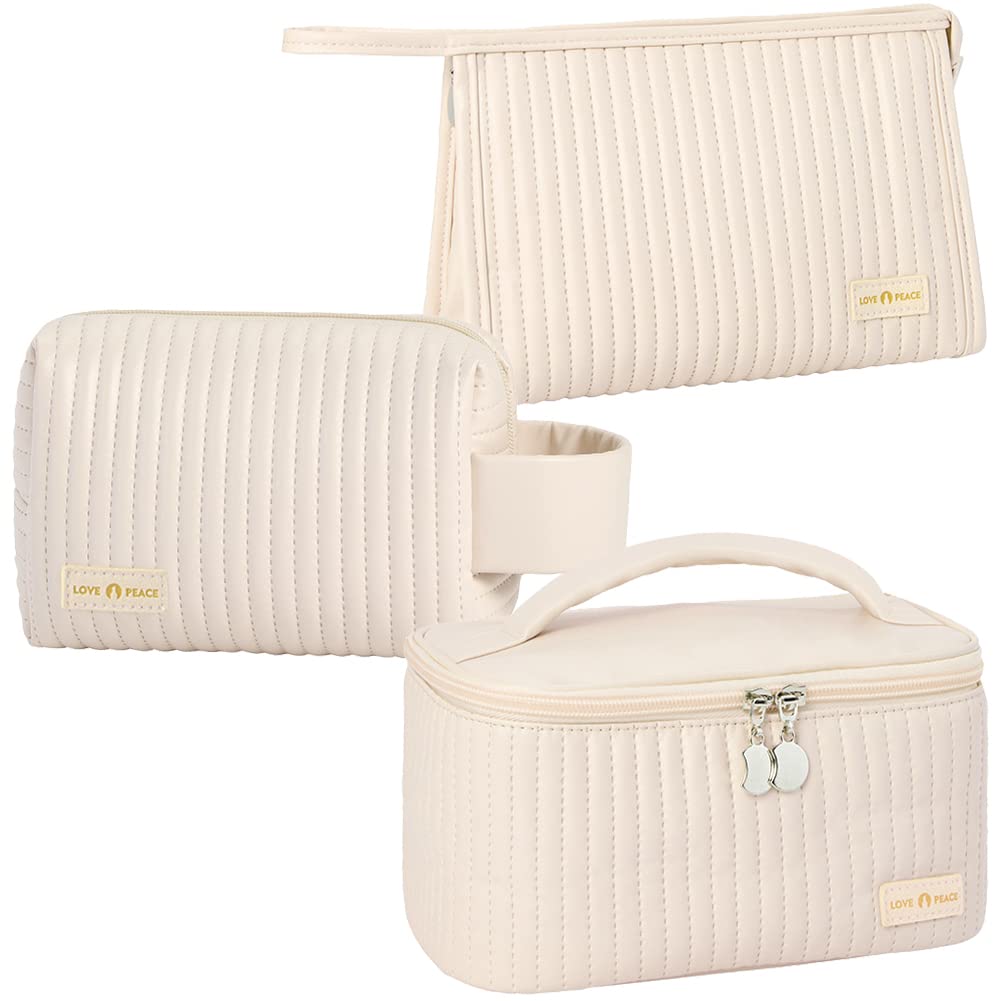 3-Piece PU Striped Leather Makeup Bag Set - Waterproof Travel Cosmetic Organizer for Women & Girls | Perfect for Travel, Gym, and Daily Beauty Essentials
