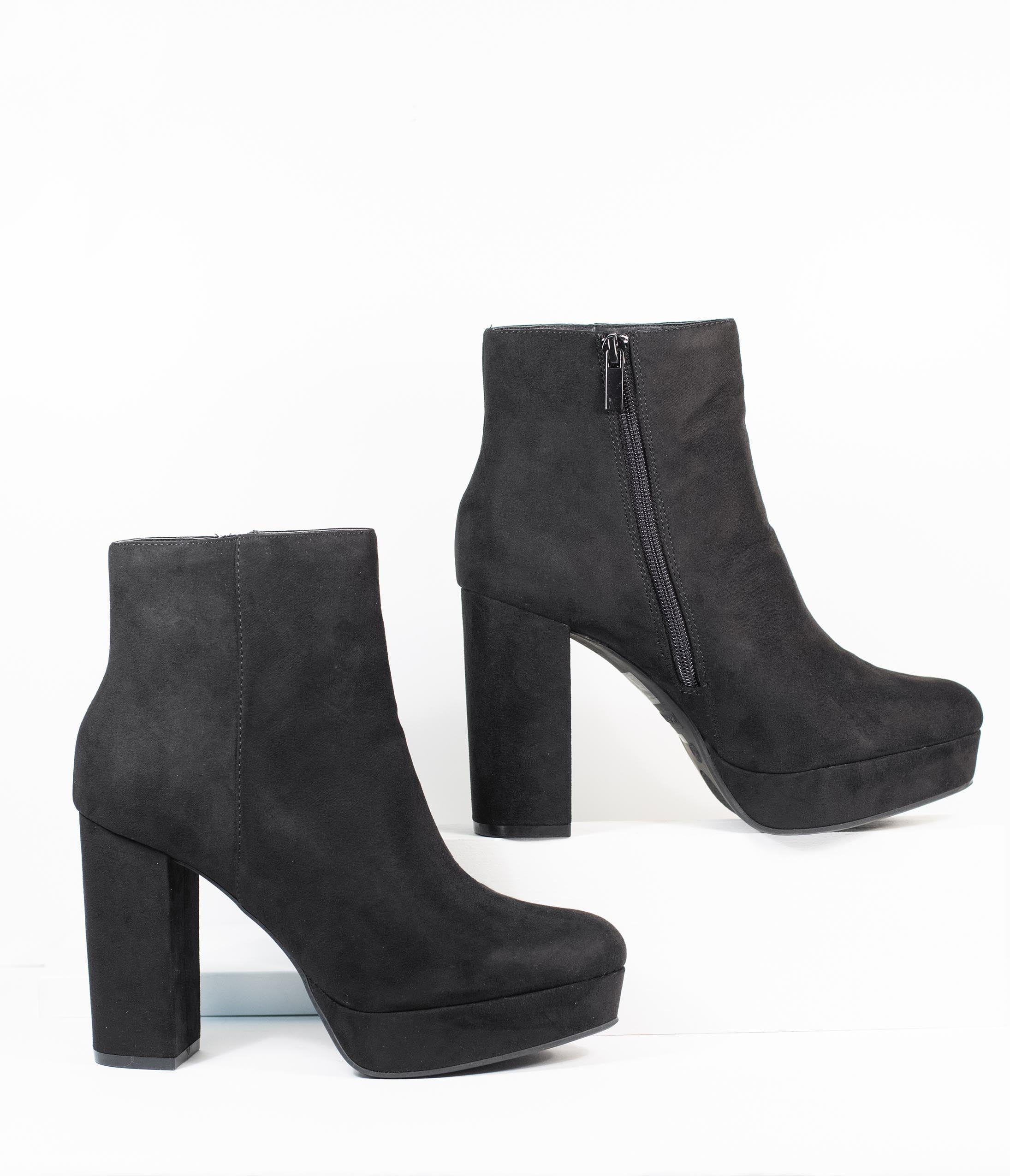 Black Suede Platform Heel Booties for Women - Chunky Heel Ankle Boots - Stylish & Comfortable Fall Winter Fashion Shoes for Party, Office & Night Out