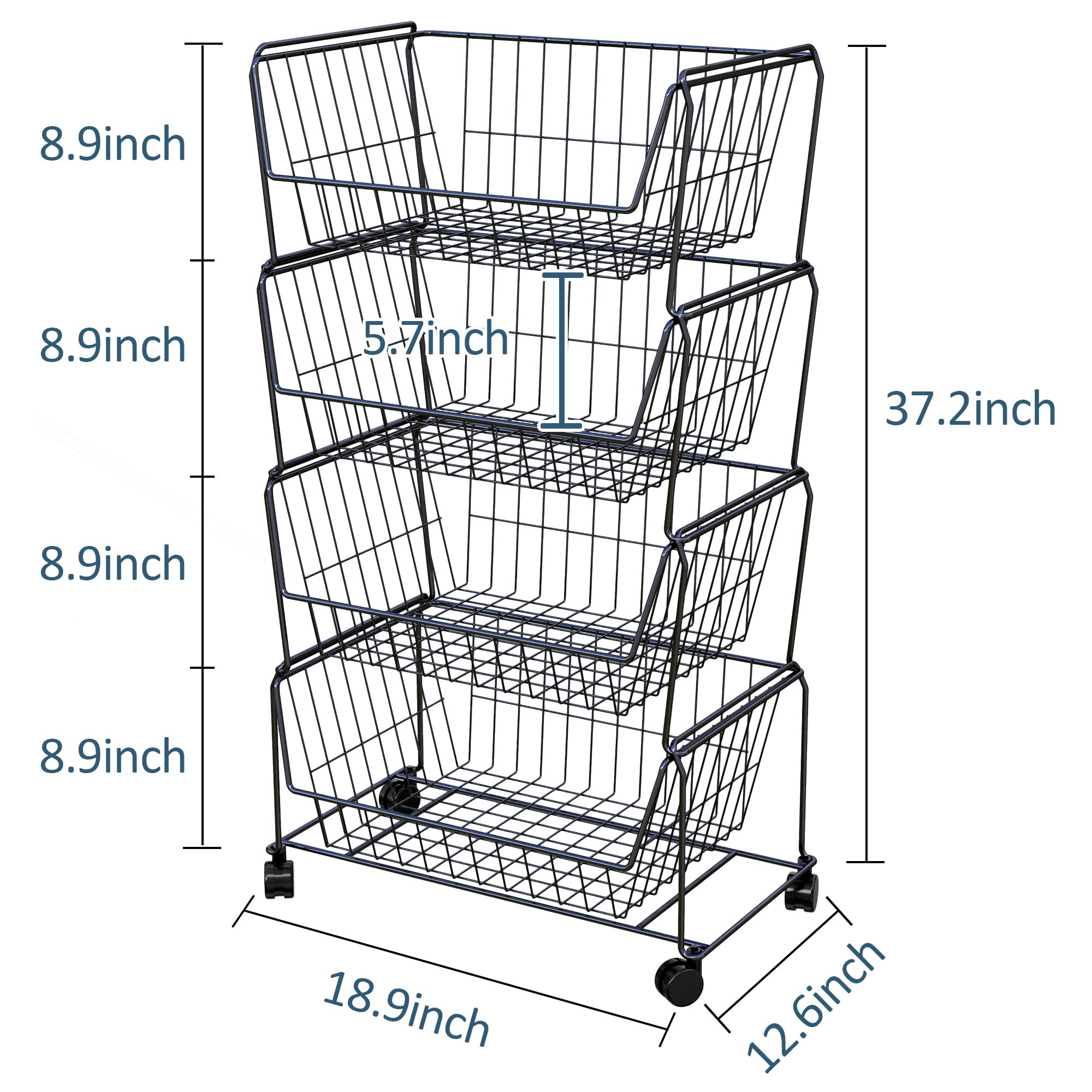 PUSDON 4-Tier Stackable Metal Storage Baskets - Rustproof Kitchen Organizer for Fruits, Vegetables, Pantry & Office Supplies - Space Saving Shelf for Home, Kitchen & Office Organization (Black)