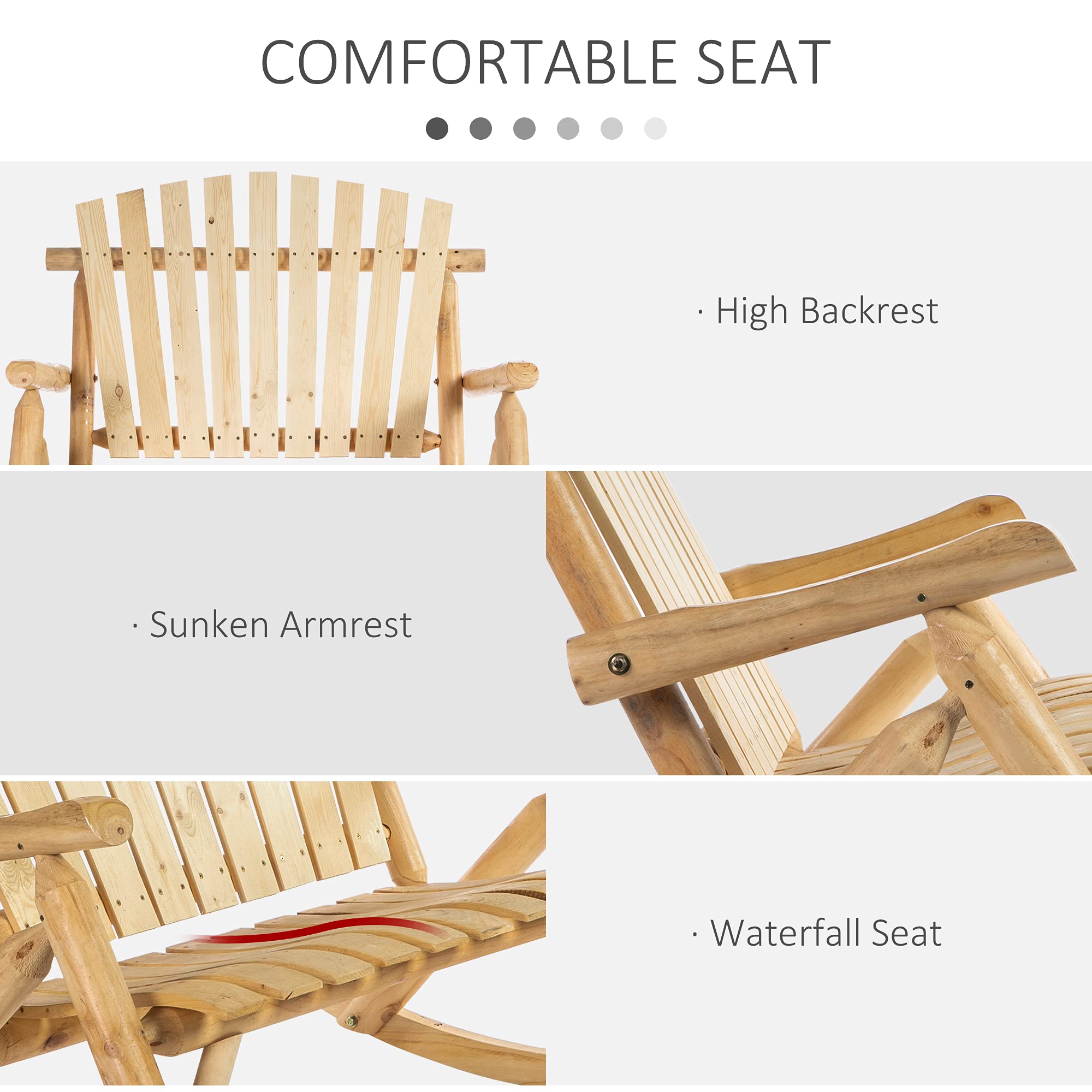 Outsunny Double-Person Wooden Adirondack Rocking Chair - Rustic High Back Patio Chair with Slatted Seat & Backrest - Perfect for Backyard, Garden, Porch & Indoor Relaxation - Great for Couples Lounging, Outdoor Entertaining & Cozy Reading Nooks