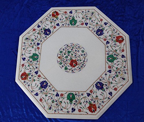 24 Inch White Marble Coffee Table Top with Floral Pietra Dura Inlay Art - Mughal Design Decorative Home Decor for Living Room & Office