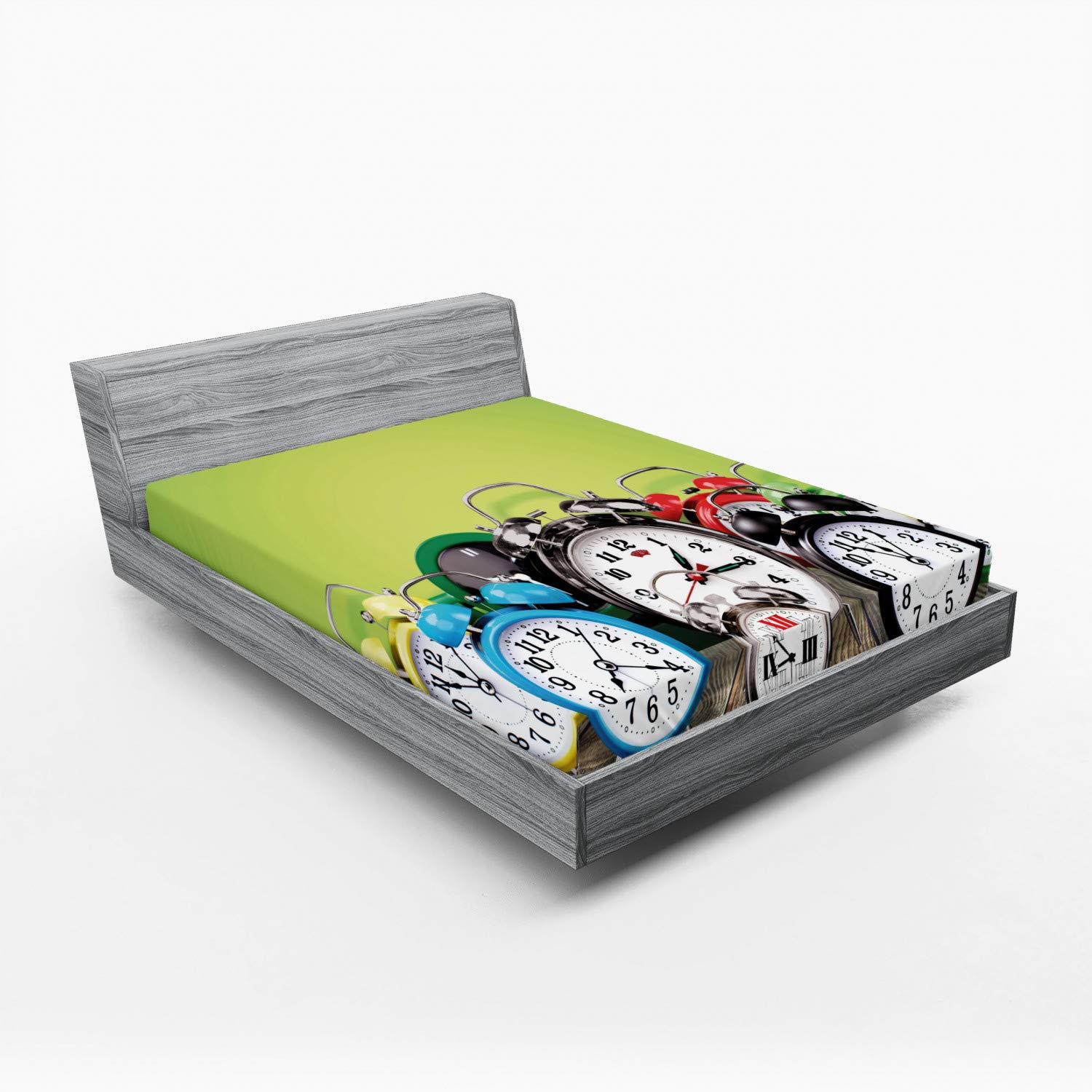 Ambesonne Vintage Alarm Clocks Printed Fitted Sheet - Full Size Deep Pocket Bed Cover with All-Around Elastic, Lime Green - Perfect for Retro Bedroom Decor & Cozy Sleep