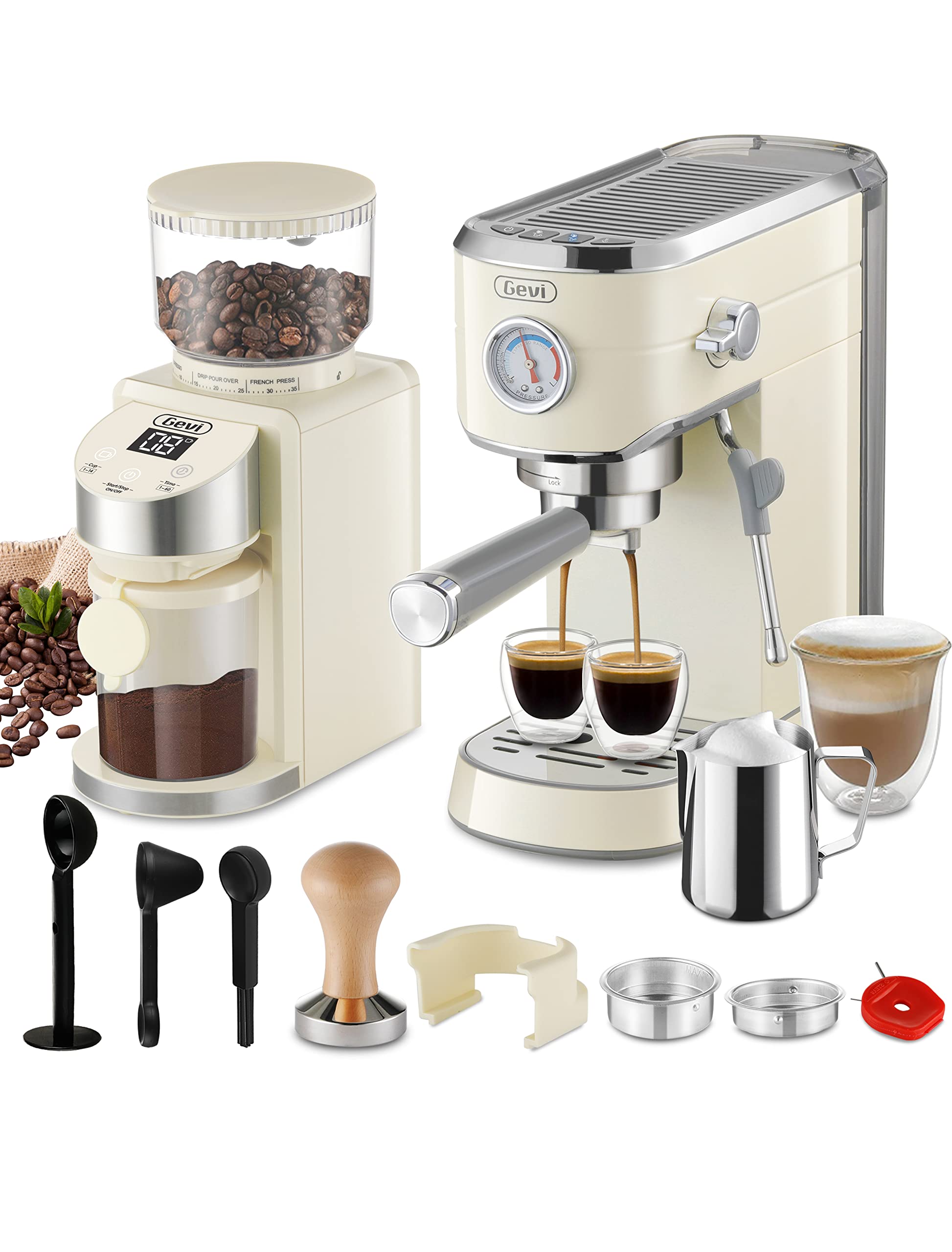 Gevi 20 Bar Compact Professional Espresso Coffee Machine with Milk Frother & Built-in Grinder - 35 Precise Settings for Perfect Espresso, Latte, Cappuccino - Home & Office Coffee Bar Essential (Beige)