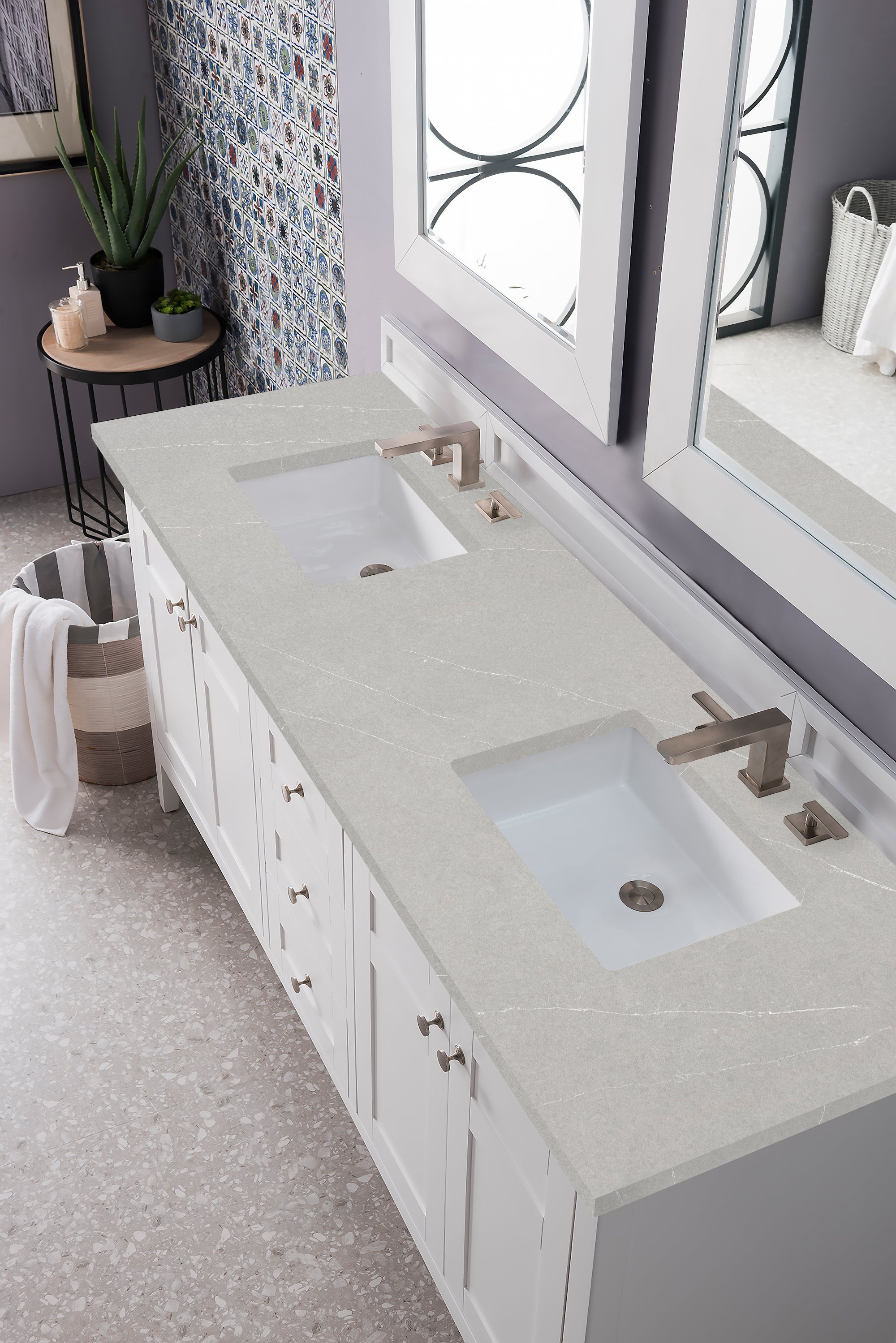 Palisades 72 Inch Double Bathroom Vanity with Bright White Finish and 3CM Eternal Serena Quartz Countertop - Perfect for Master Bathrooms and Modern Home Renovations