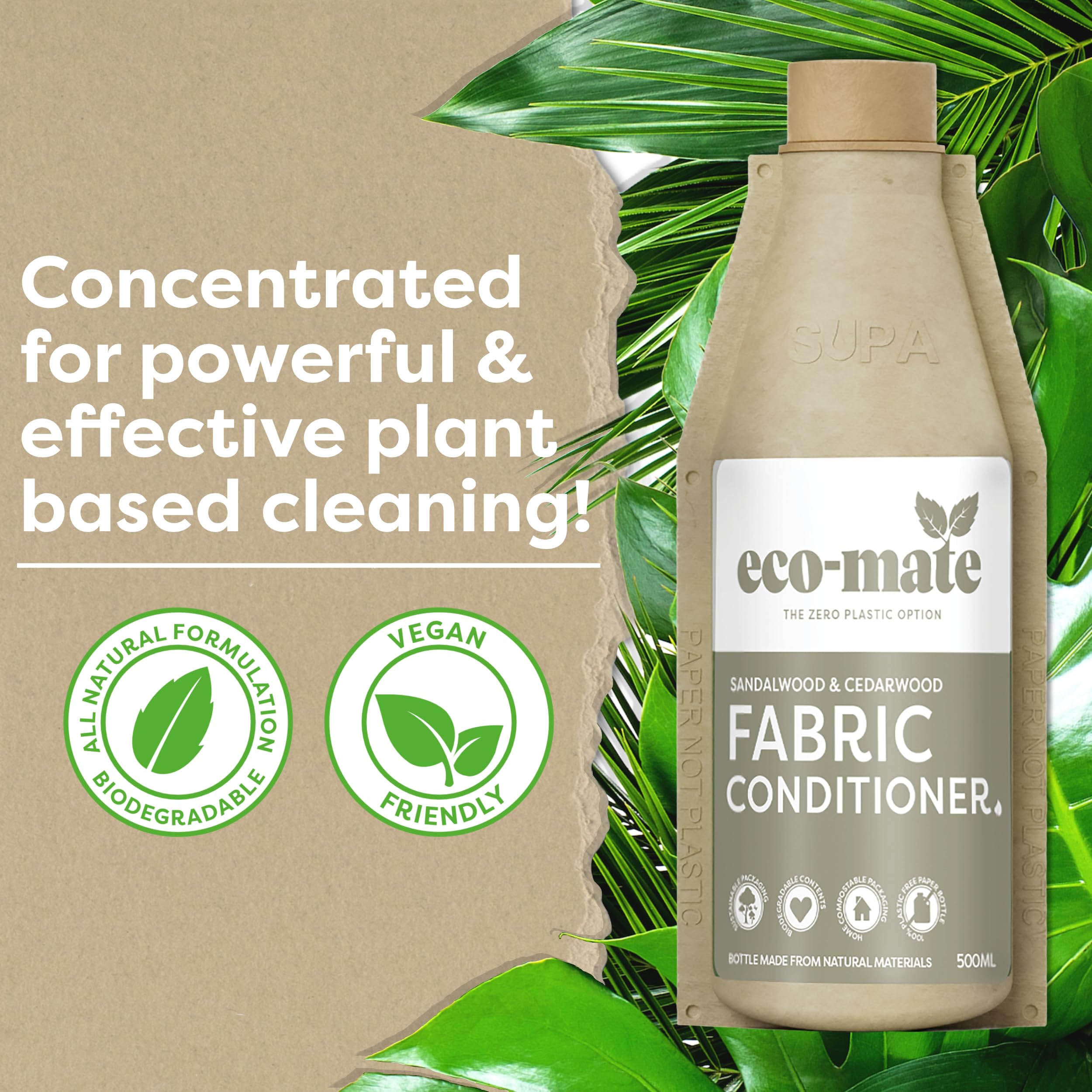 Eco-Mate Natural Sandalwood & Cedarwood Fabric Softener - 500ml Plant-Based Biodegradable Concentrated Liquid Conditioner - Eco Friendly Hypoallergenic Laundry Solution for Sensitive Skin - Perfect for Baby Clothes, Bedding & Towels